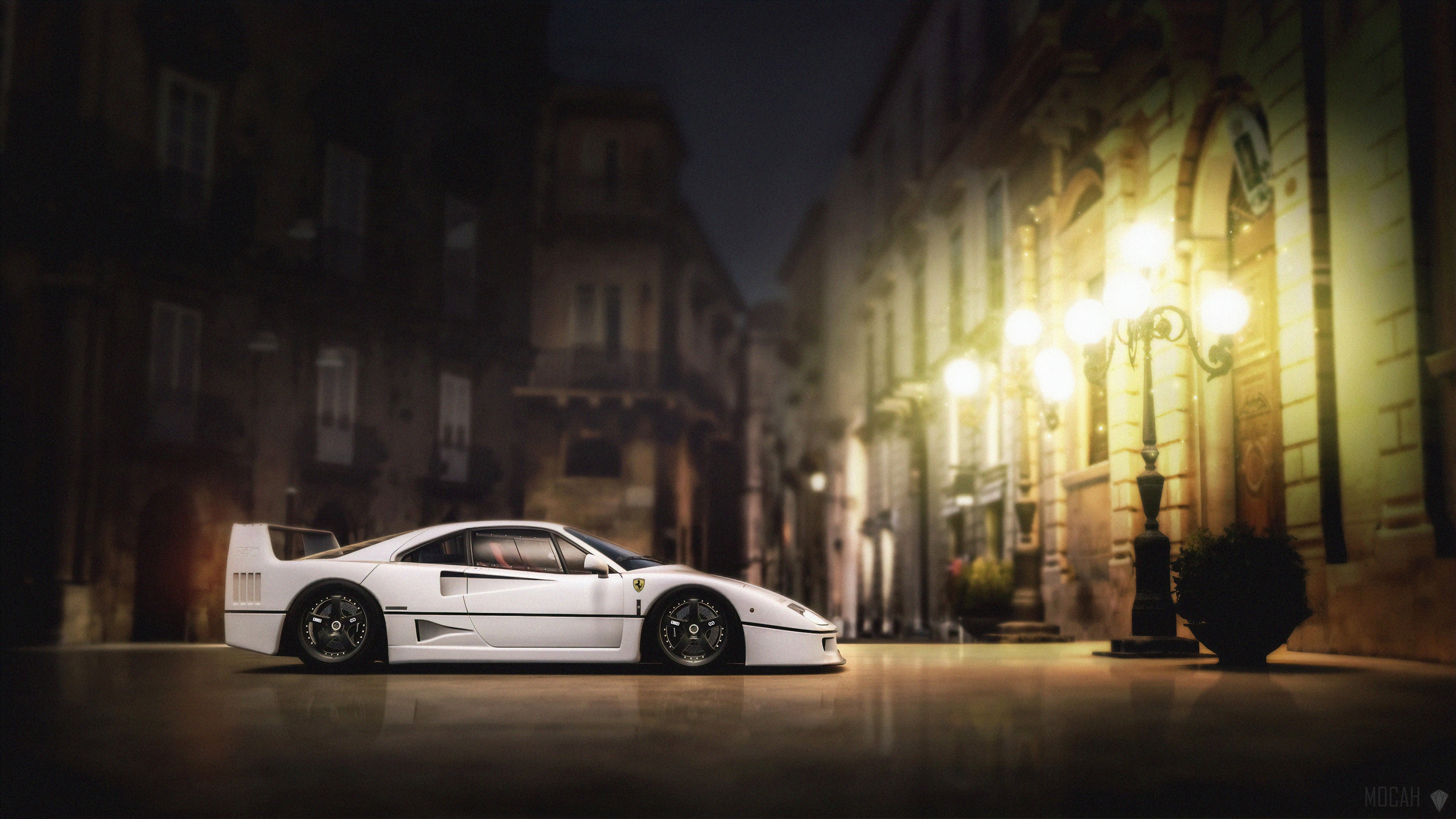 White Ferrari F40 on a European Street at Night HD Wallpaper