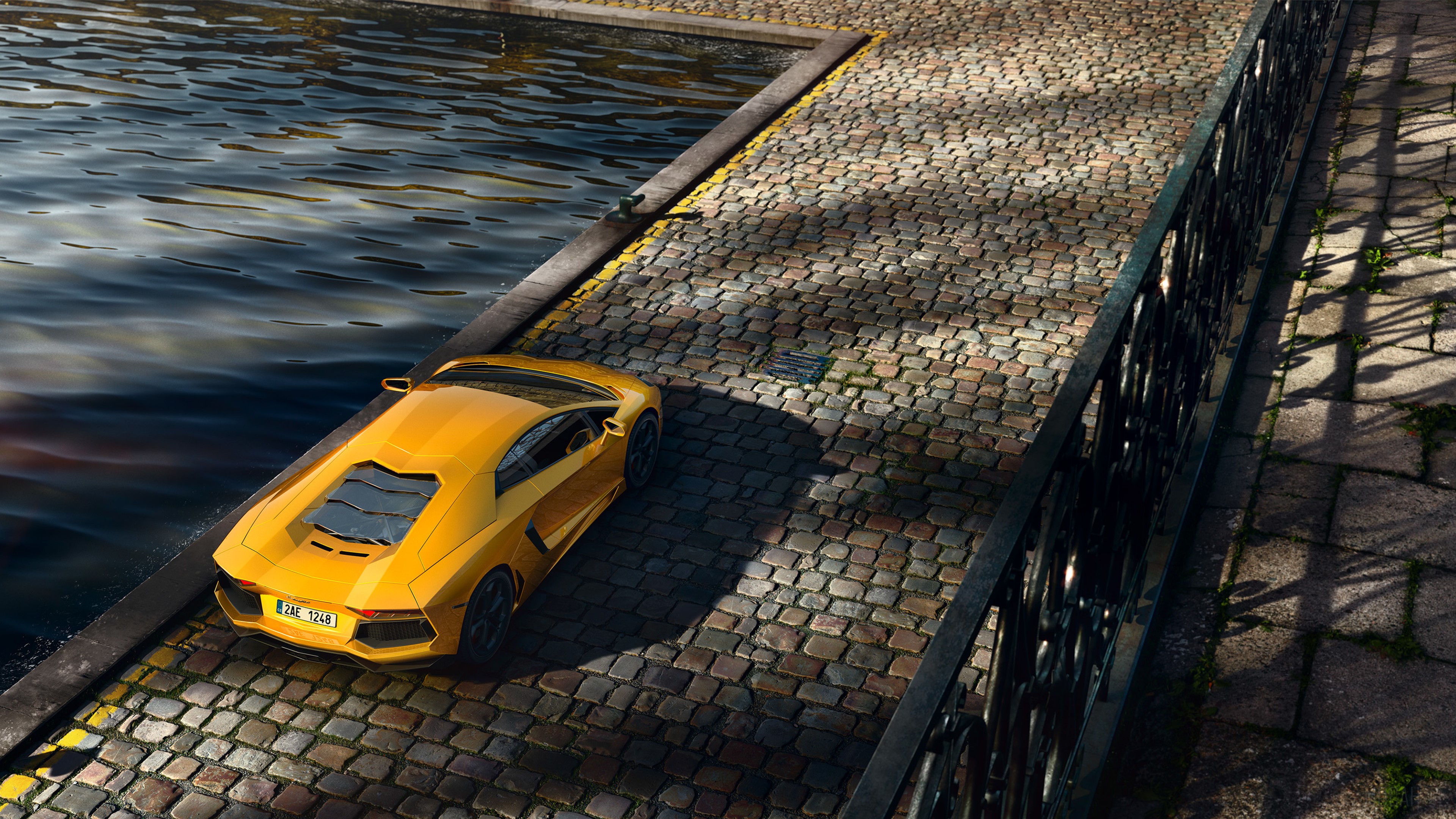 Yellow Lamborghini Aventador on cobblestone street HD Wallpaper