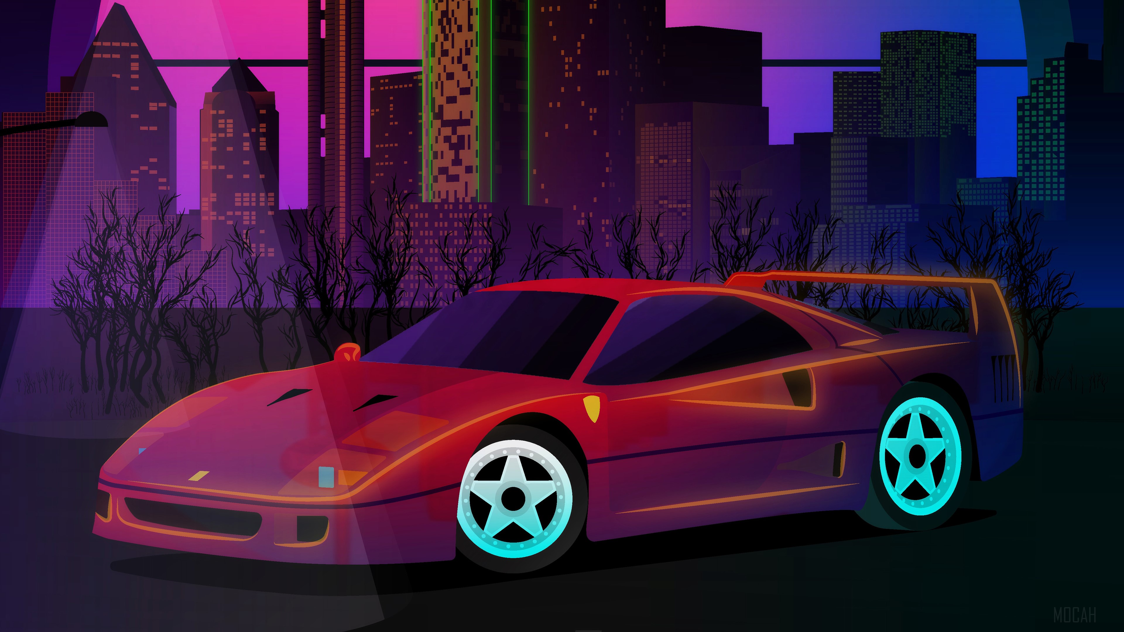 Retro Ferrari F40 in Neon City 4K HD Wallpaper