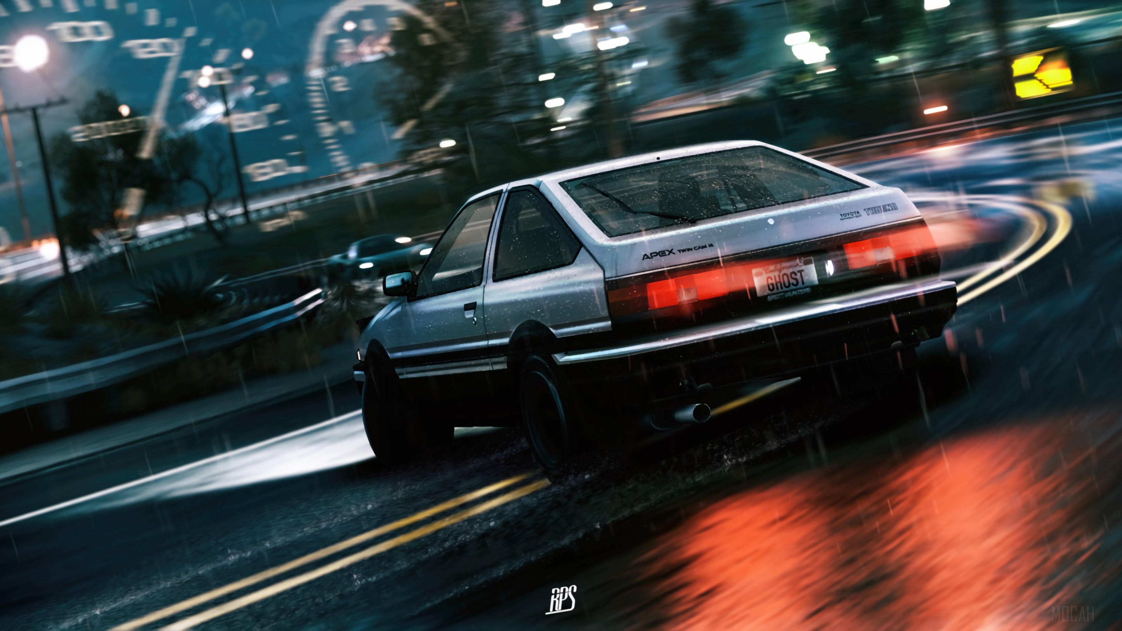 Toyota AE86 Drifting on a Wet Road at Night 4K HD Wallpaper