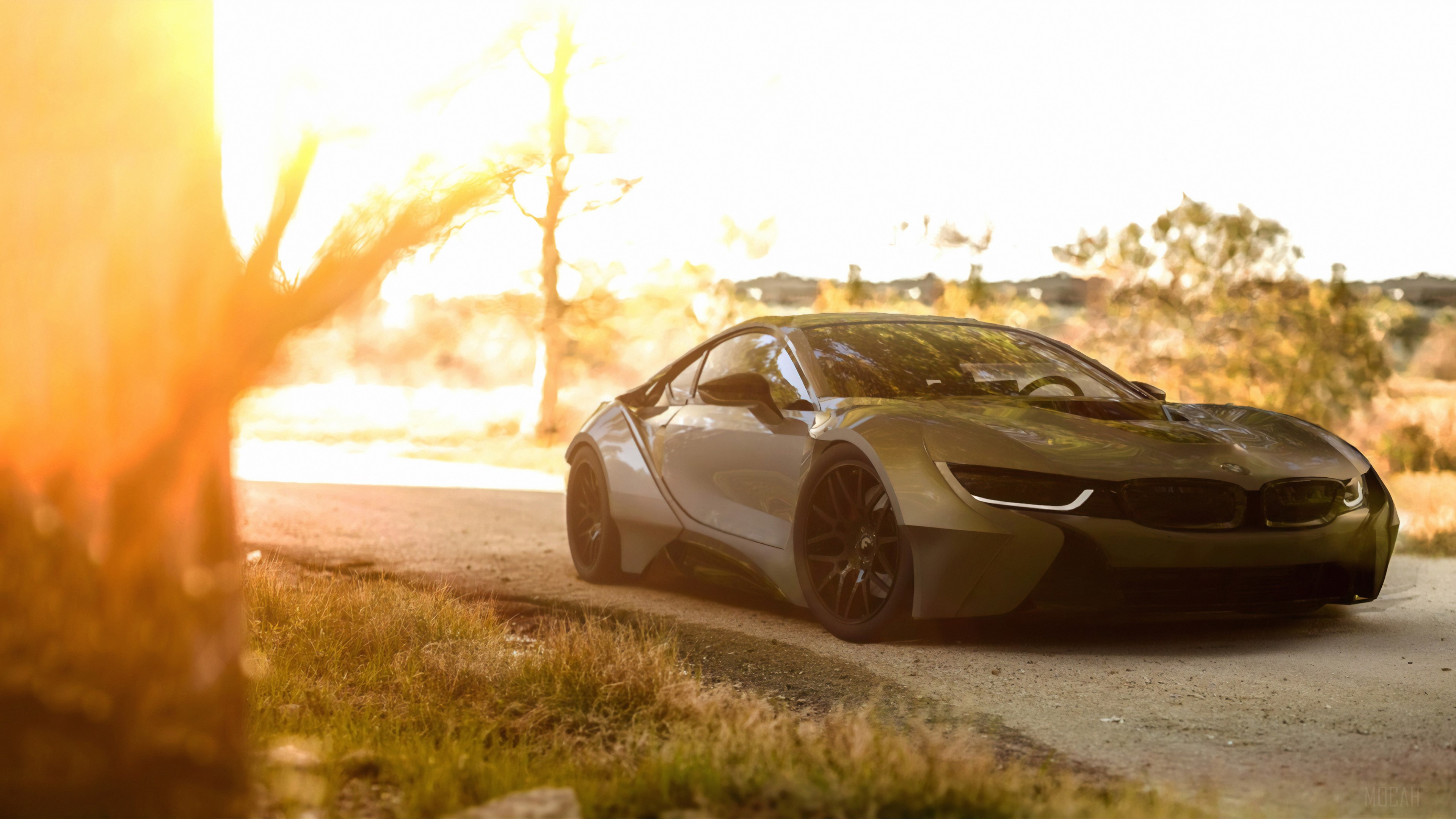 BMW i8 car on a dirt road at sunset HD Wallpaper