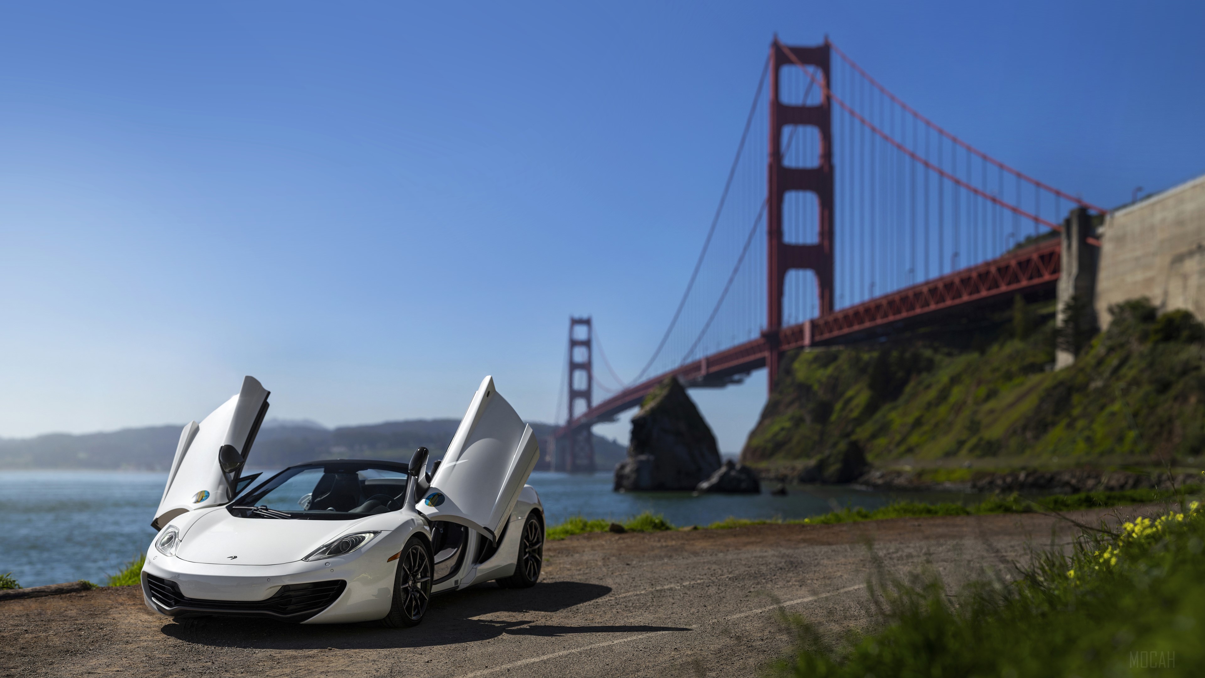 White McLaren car with Golden Gate Bridge HD Wallpaper