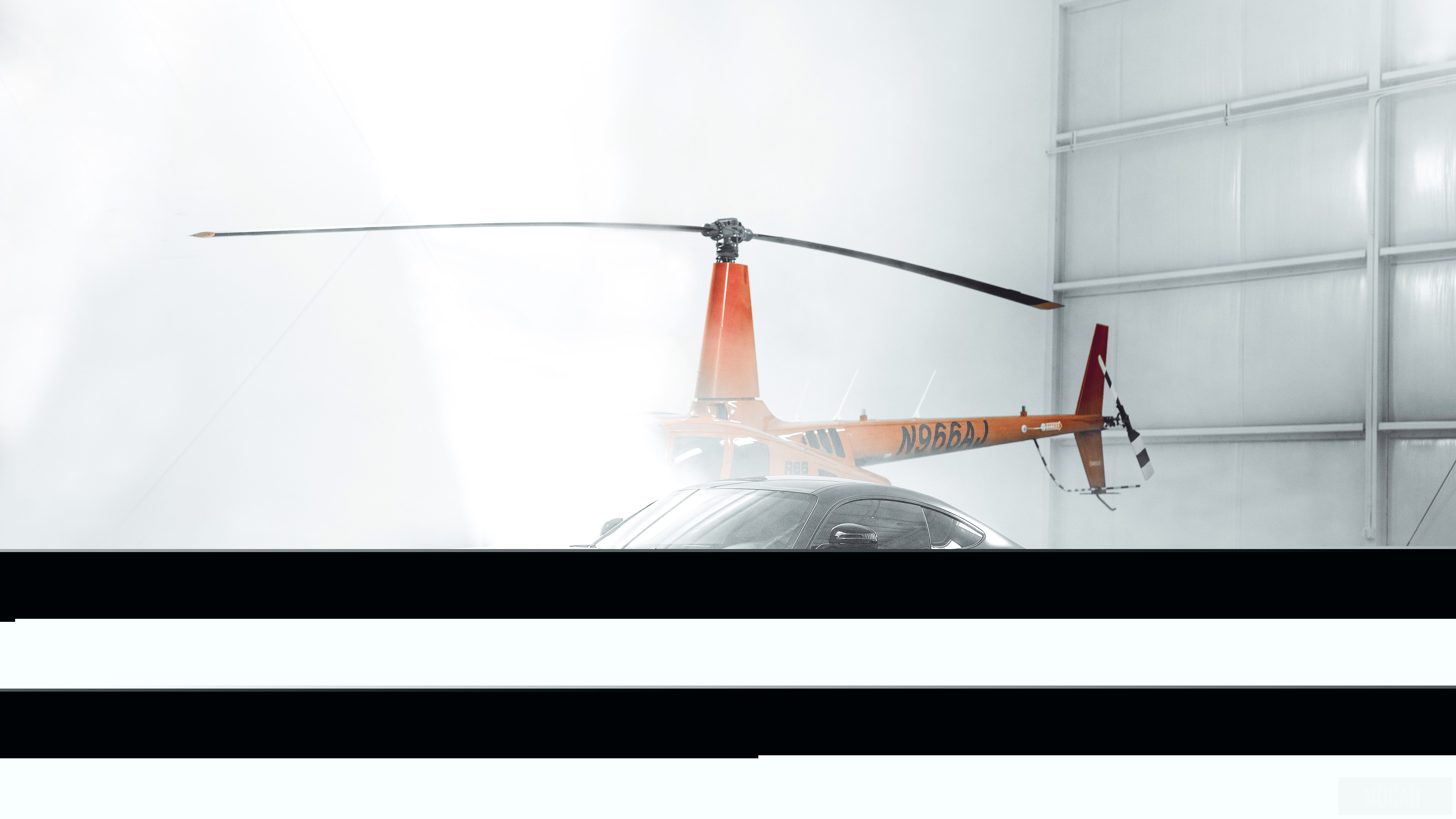 Orange helicopter and Mercedes GTC in hangar 4K HD Wallpaper