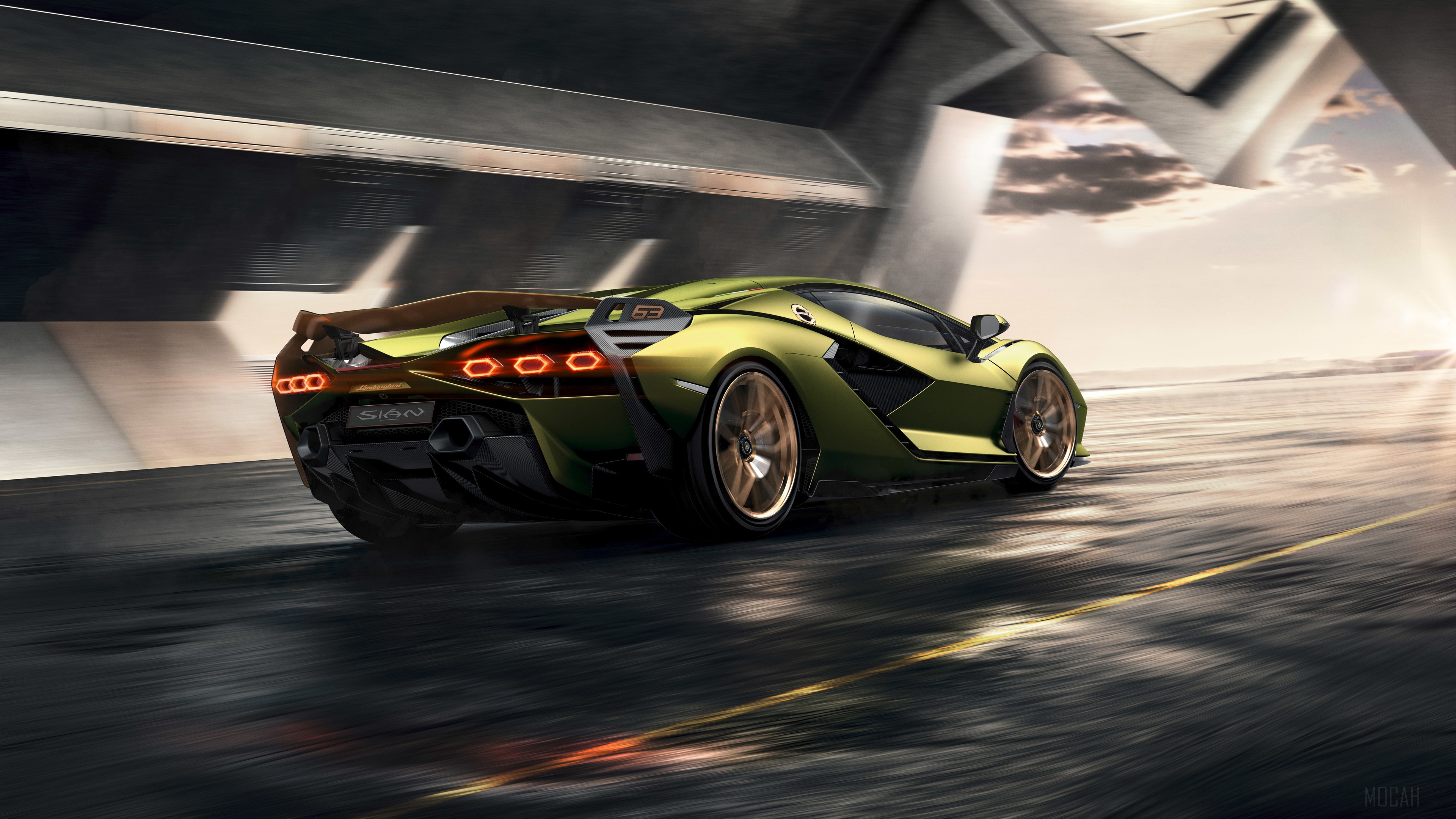 Lamborghini Sian driving on a road HD Wallpaper