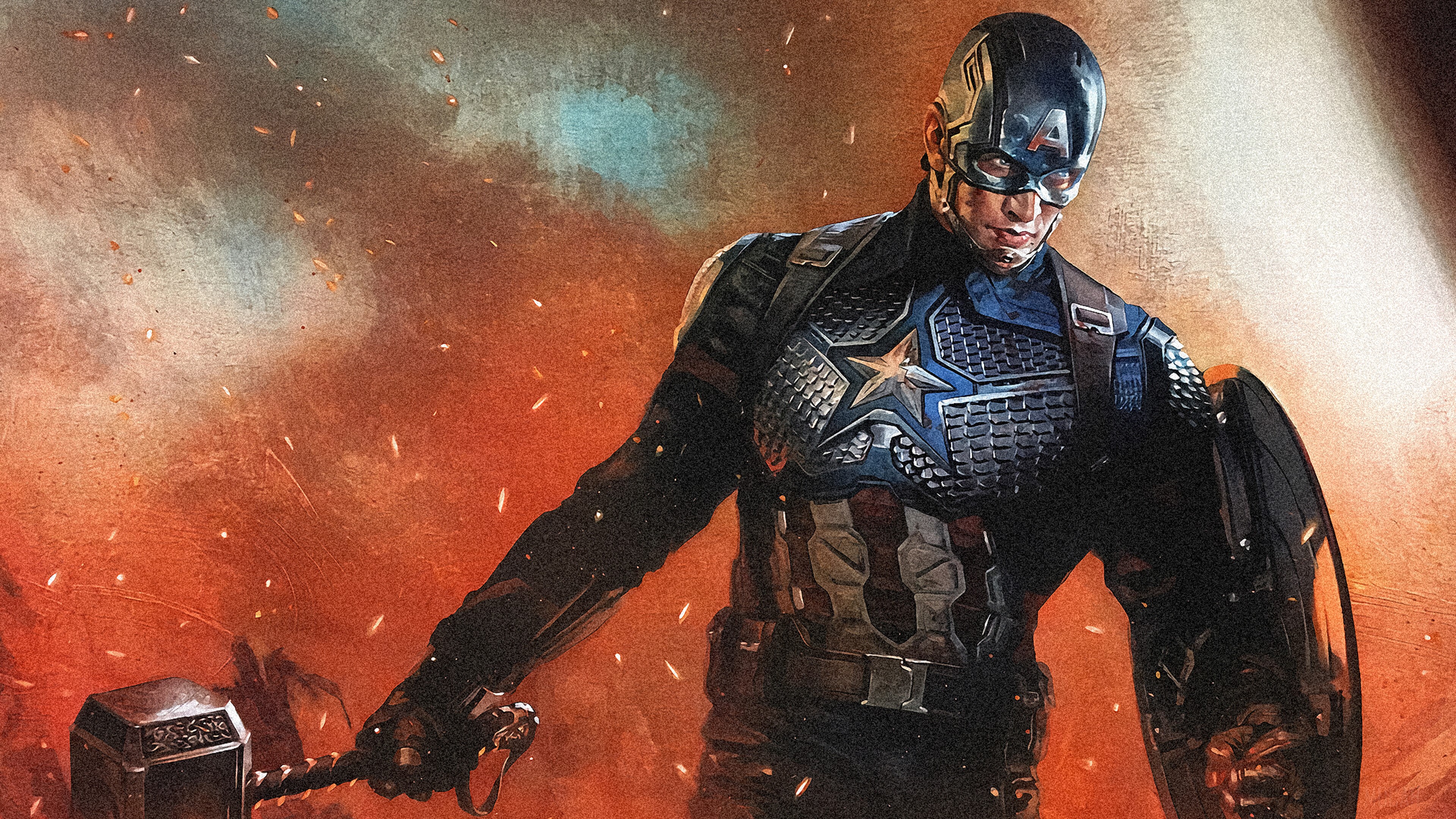 Captain America from Marvel holding Mjolnir 4K HD Wallpaper