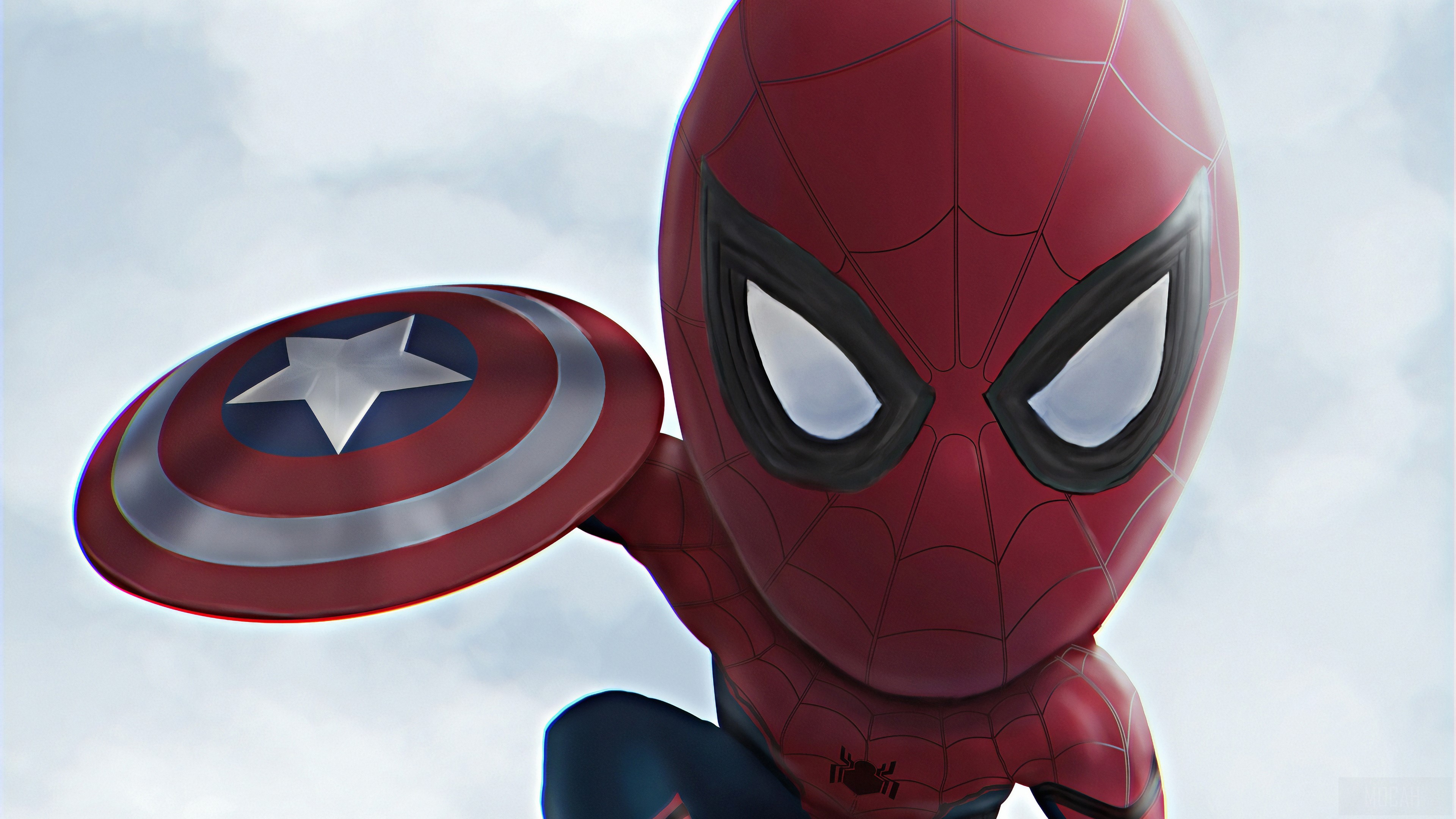 Chibi Spider-Man with Captain America's Shield 4K HD Wallpaper