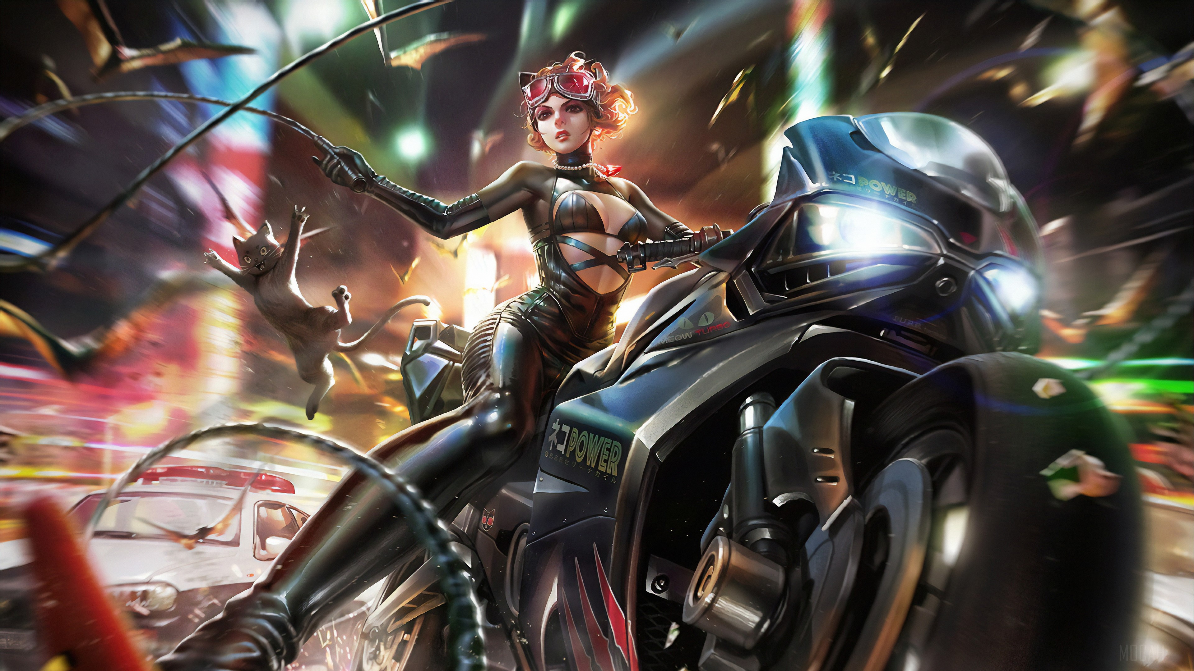 Catwoman on a motorcycle in Tokyo 4K HD Wallpaper