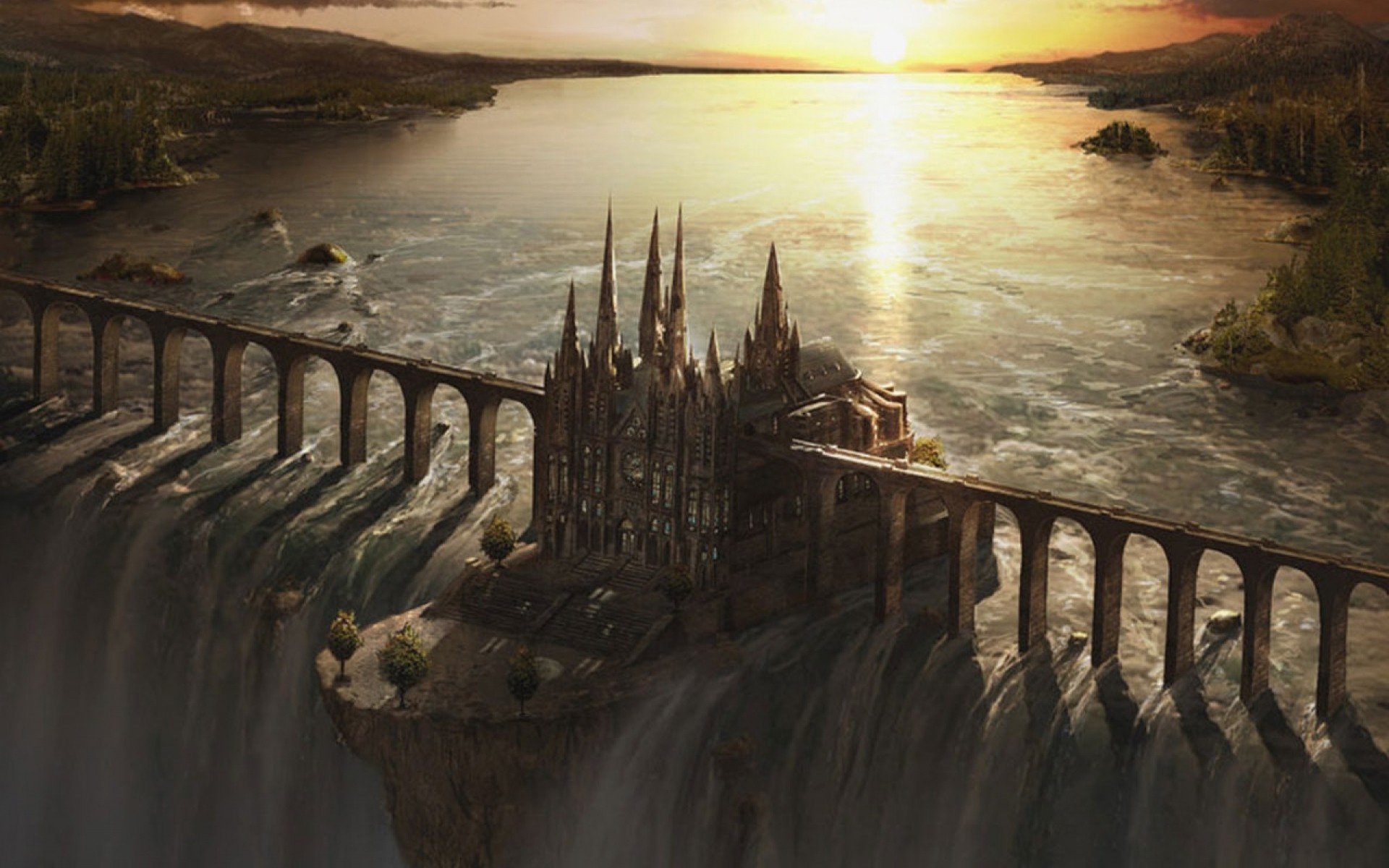 Fantasy castle on a cliff with waterfalls and bridges HD Wallpaper