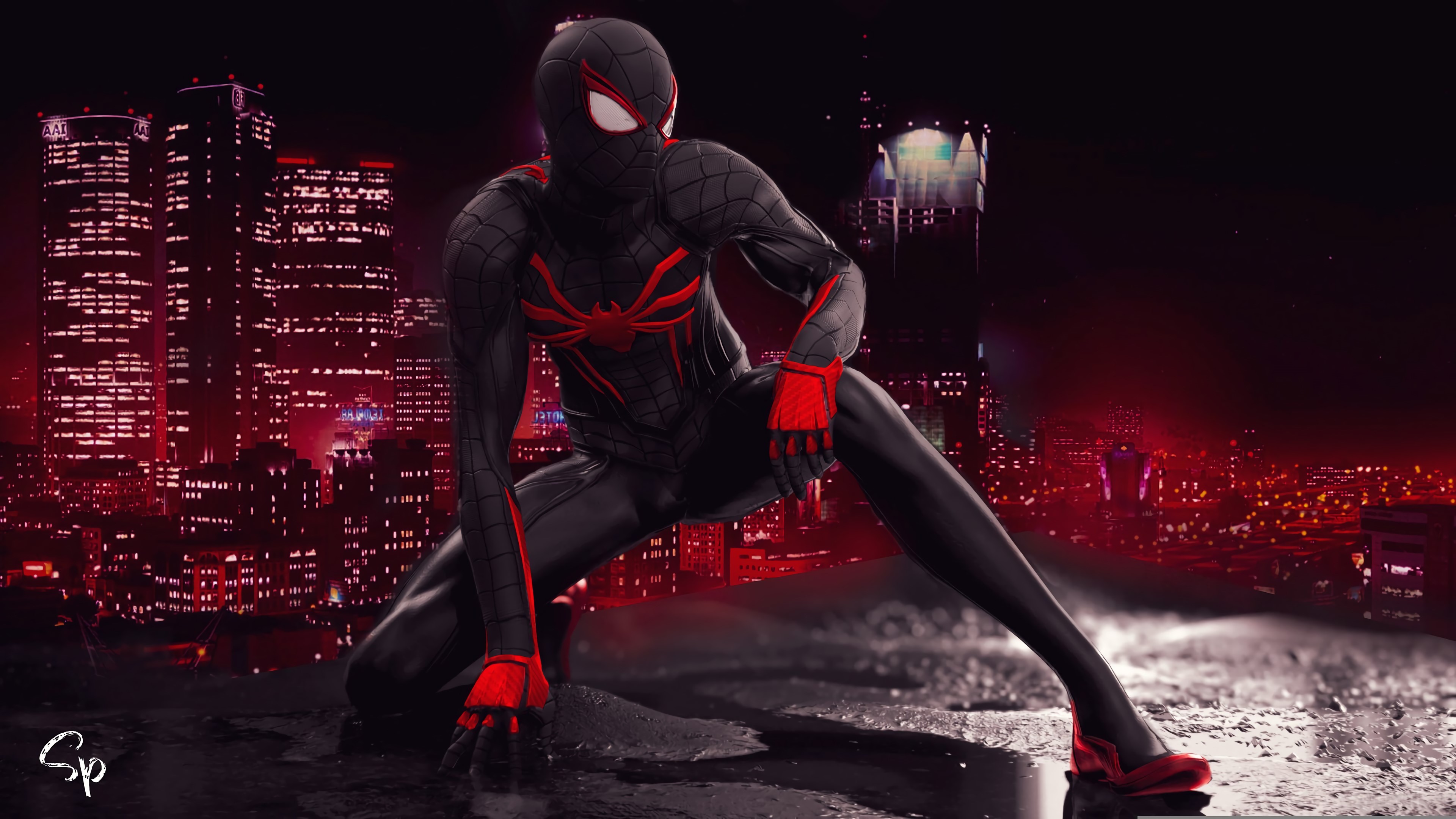 Spider-Man in a dark city at night 4K HD Wallpaper