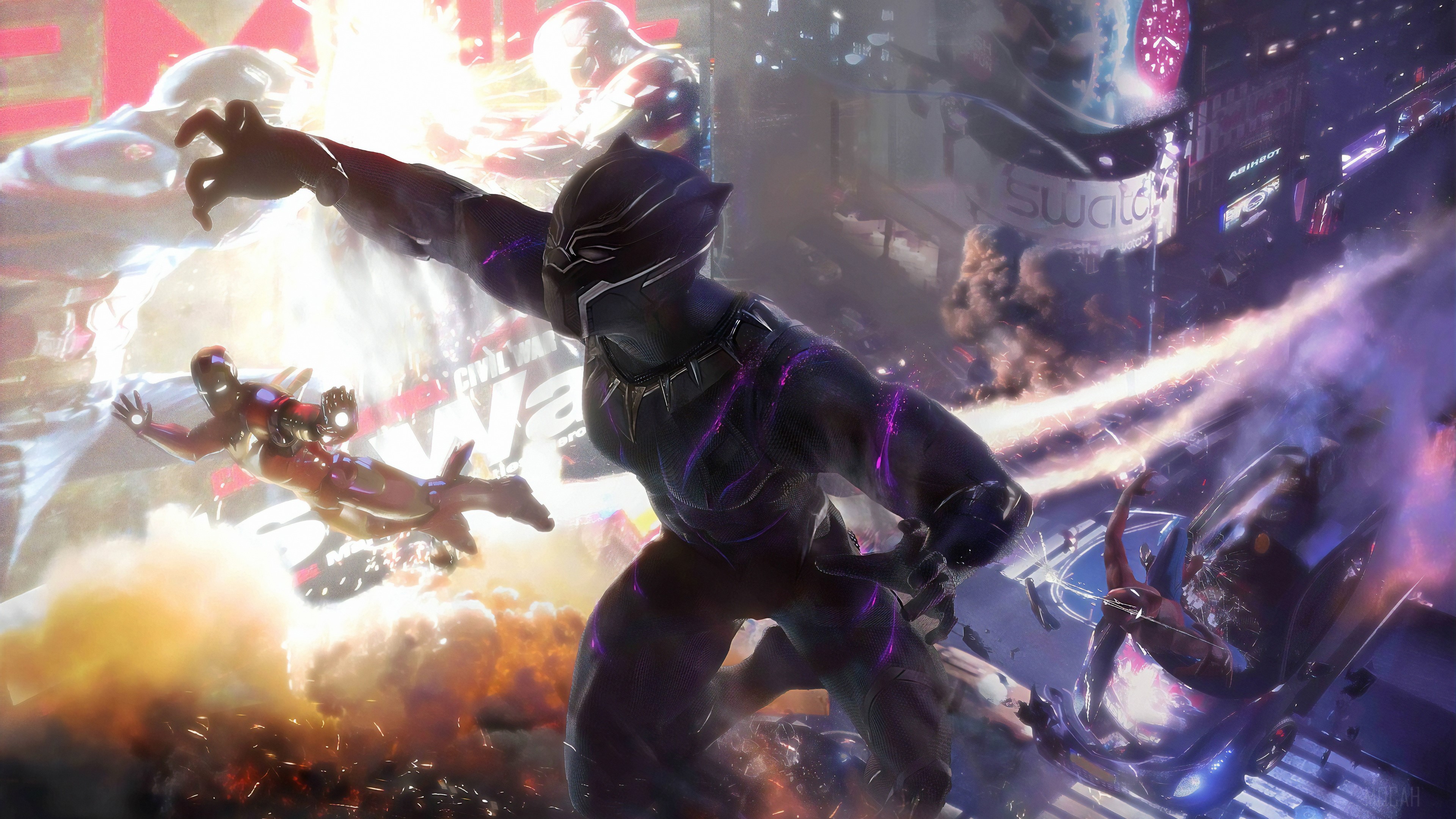Black Panther and Iron Man in a city battle 4K HD Wallpaper