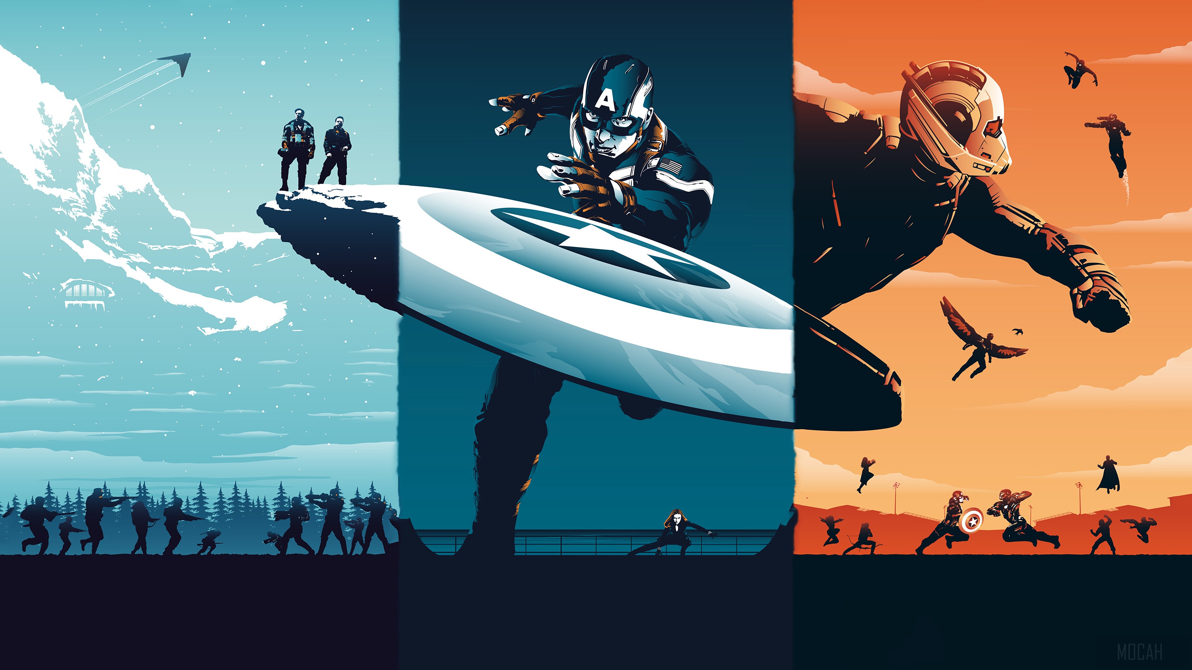 Captain America and allies in battle art 4K HD Wallpaper
