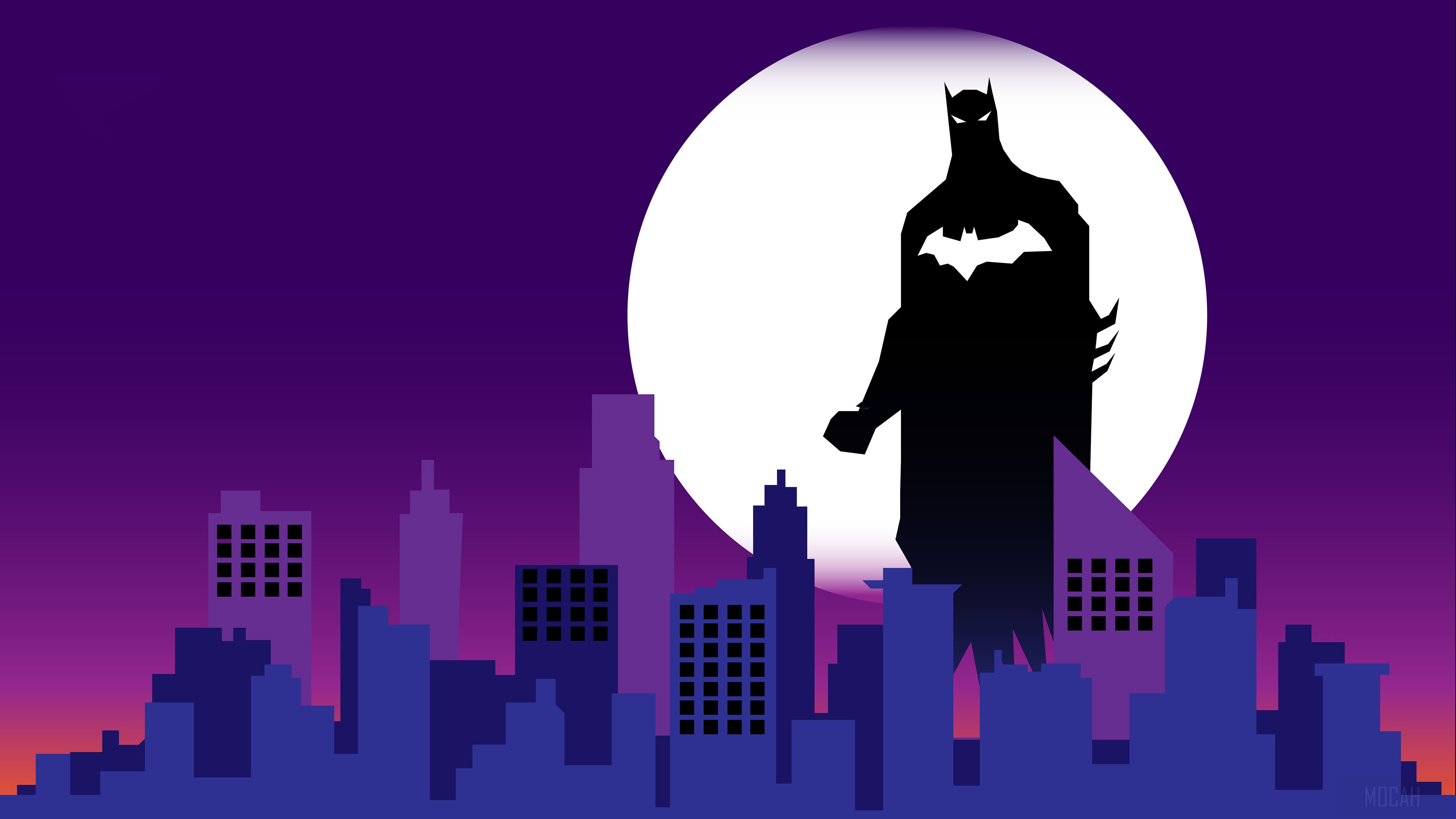 Batman Silhouette Over City Skyline with Moon 4K HD Wallpaper