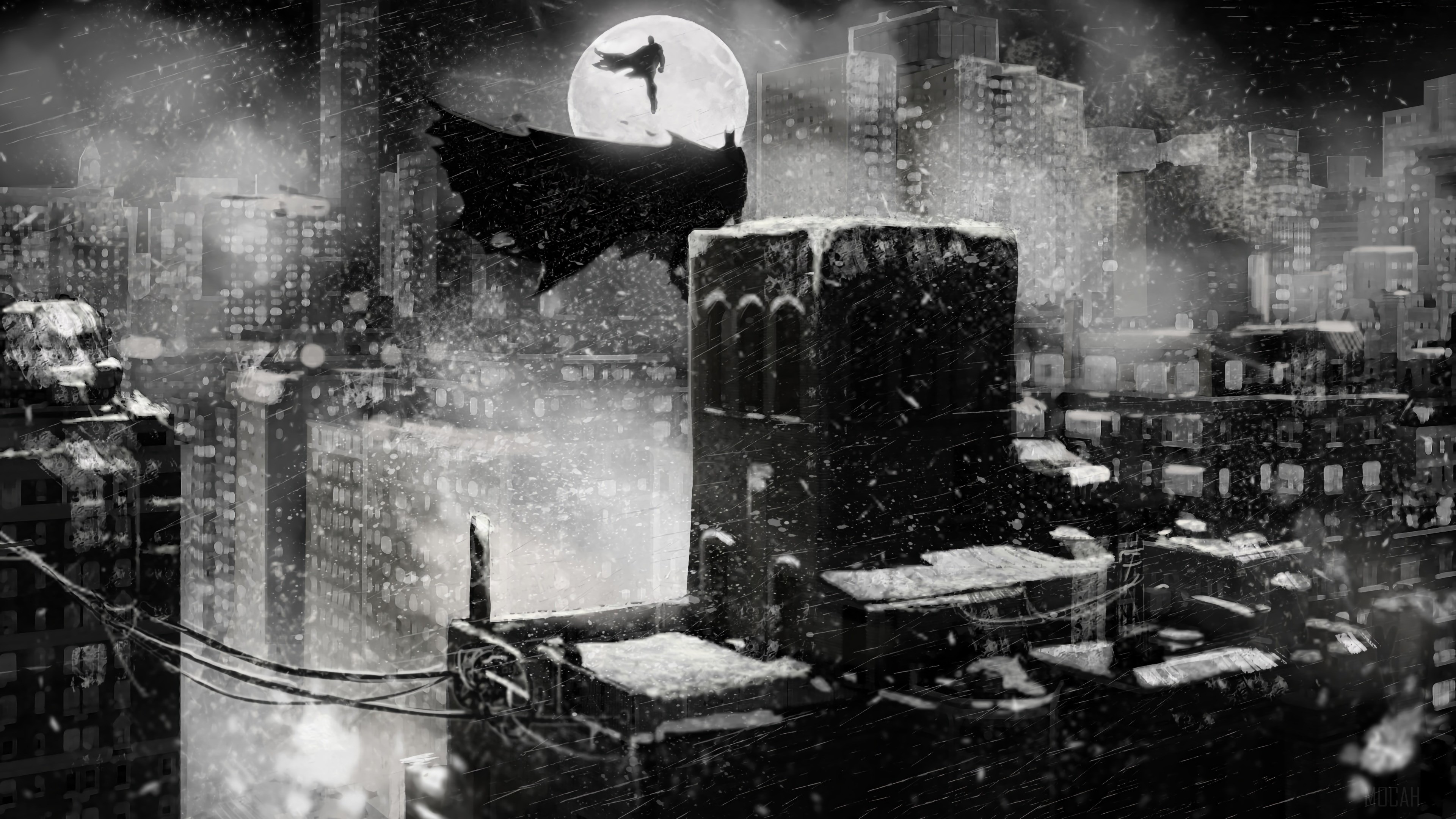 Batman in a snowy city at night HD Wallpaper
