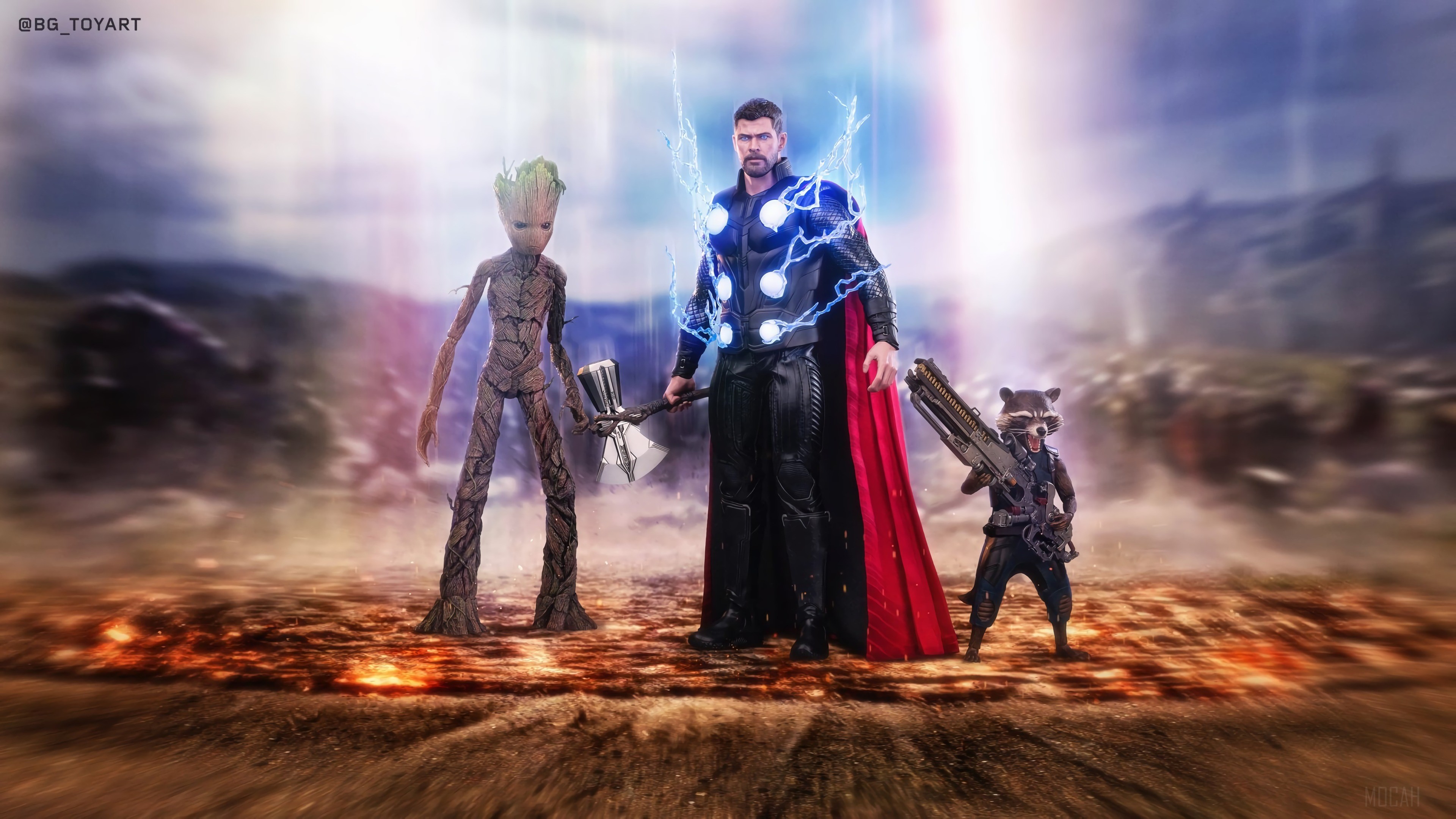 Thor with Rocket and Groot in 4K Avengers Scene HD Wallpaper