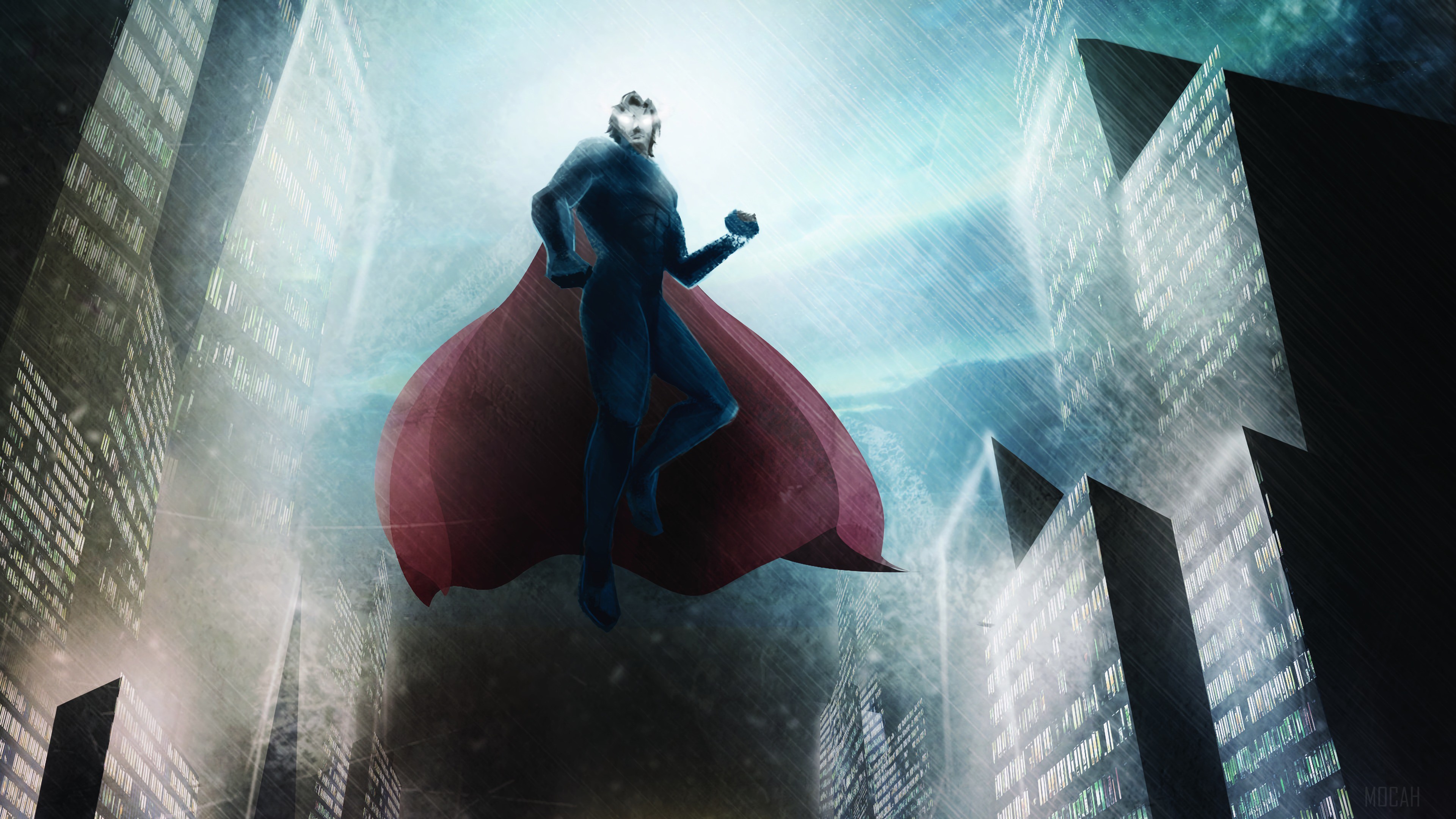 Superman Flying in a Rainy City 4K HD Wallpaper