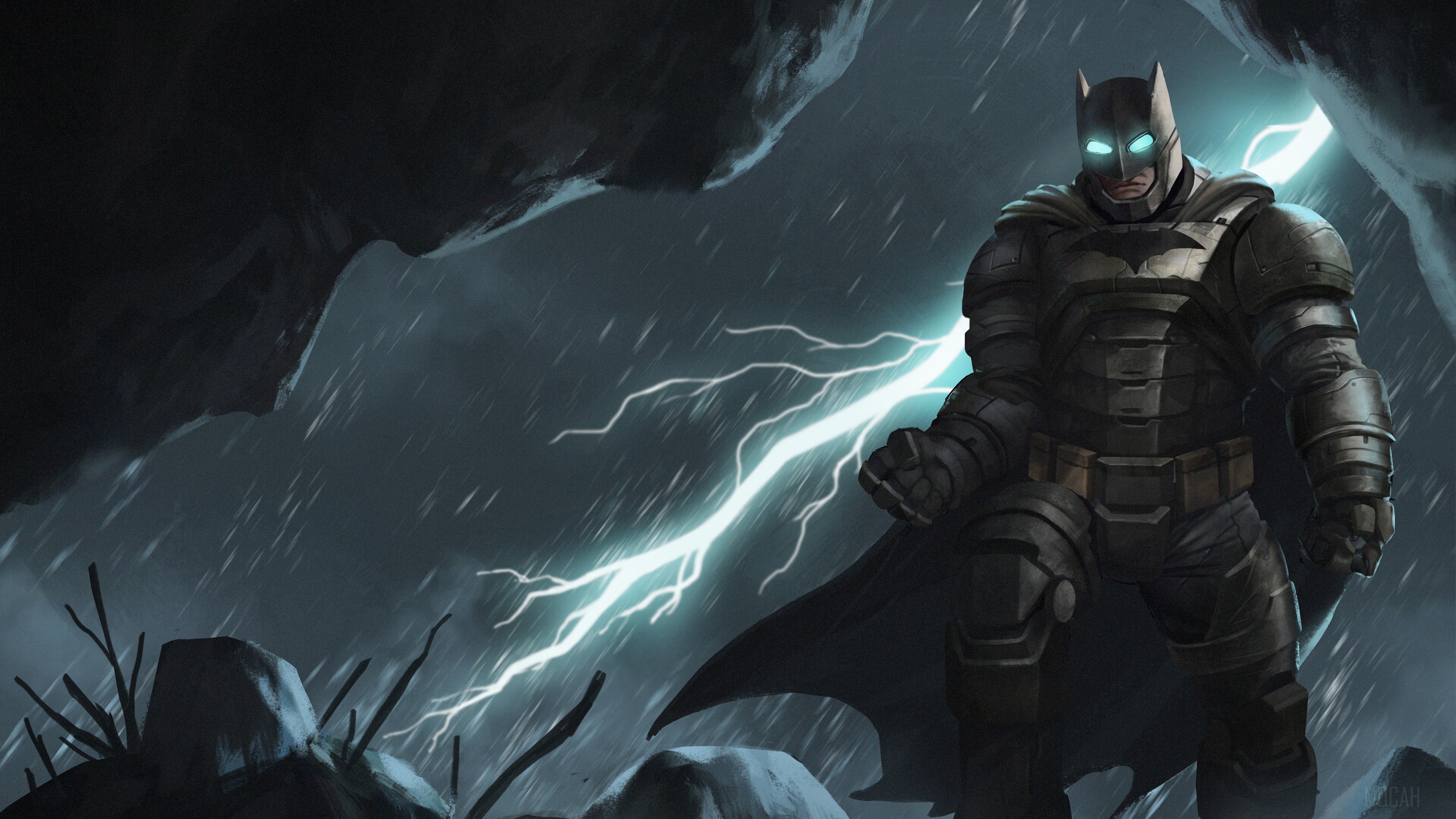 Batman in Armor during a lightning storm HD Wallpaper