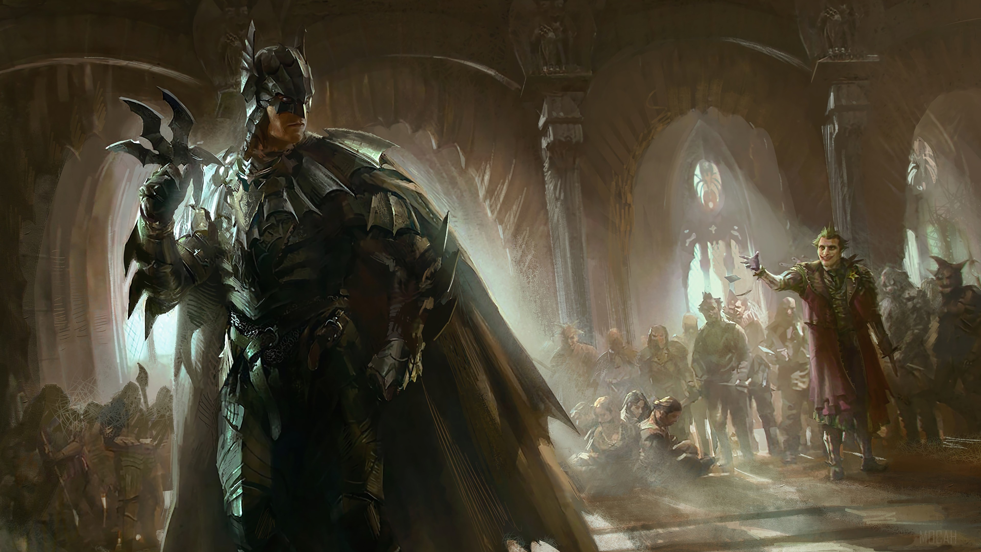 Batman and Joker in a gothic hall HD Wallpaper