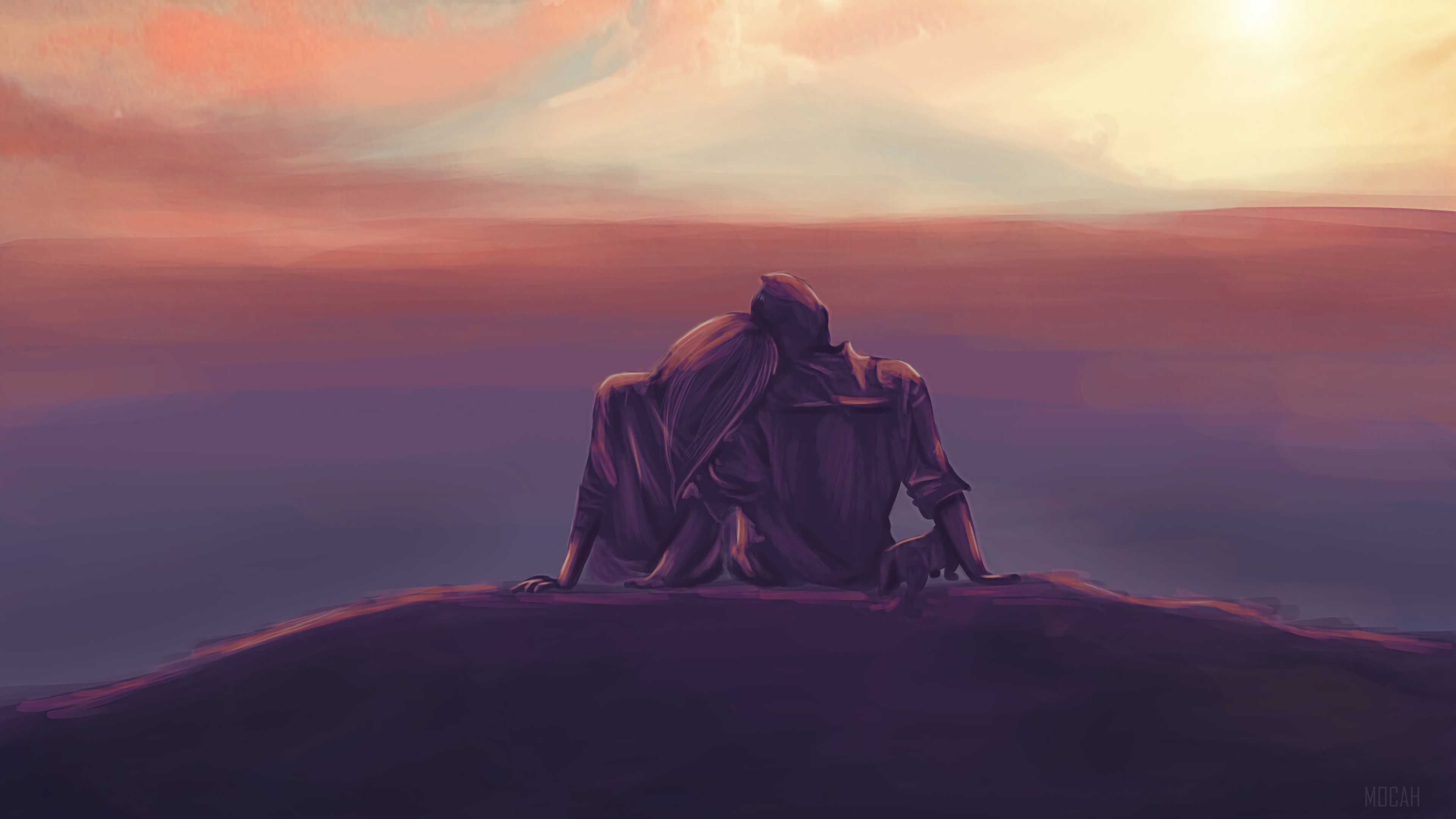Couple sitting on a hill at sunset 4K HD Wallpaper
