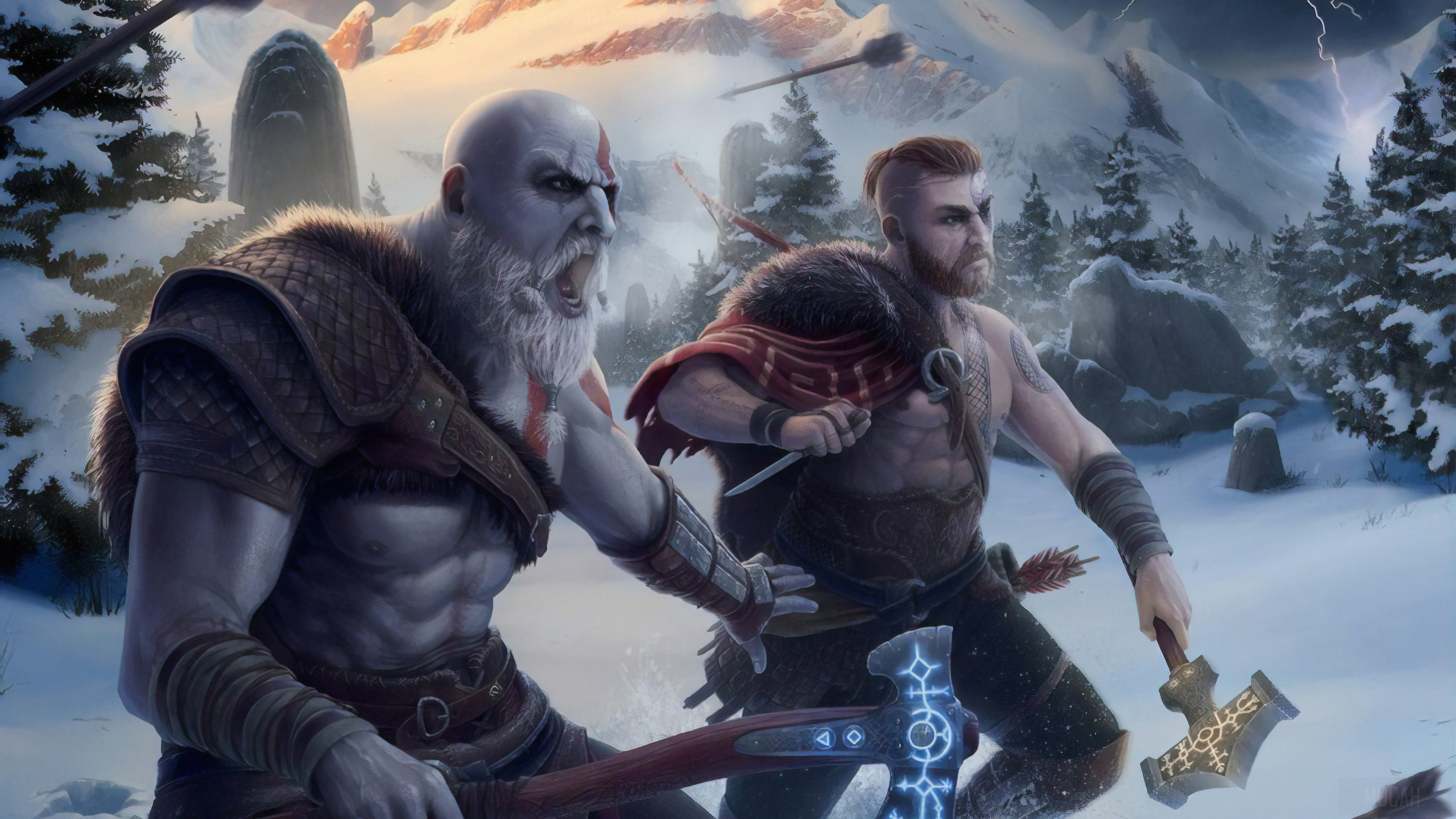 Kratos and Atreus from God of War in a snowy landscape HD Wallpaper