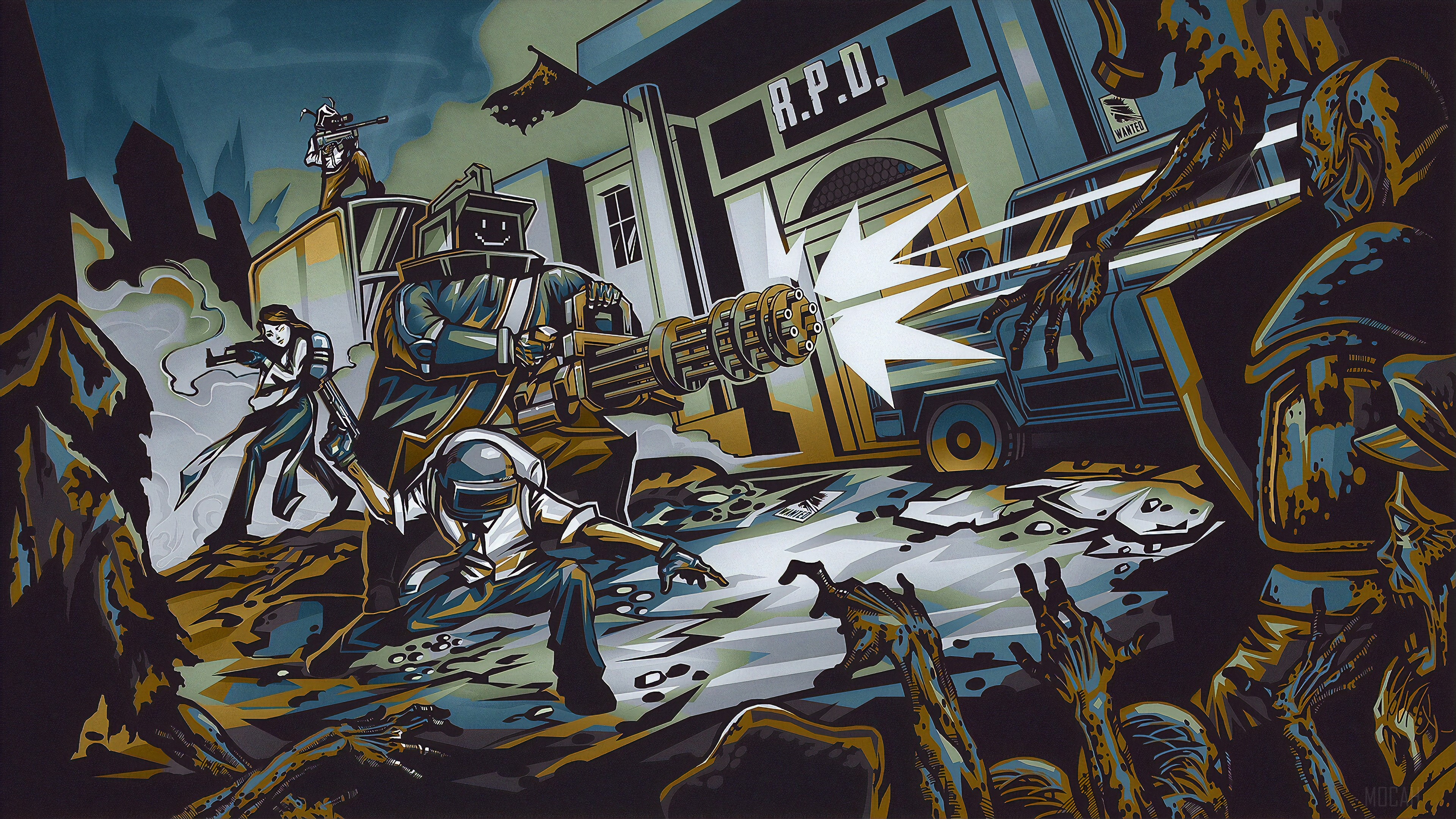 PUBG characters fighting zombies at R.P.D. HD Wallpaper