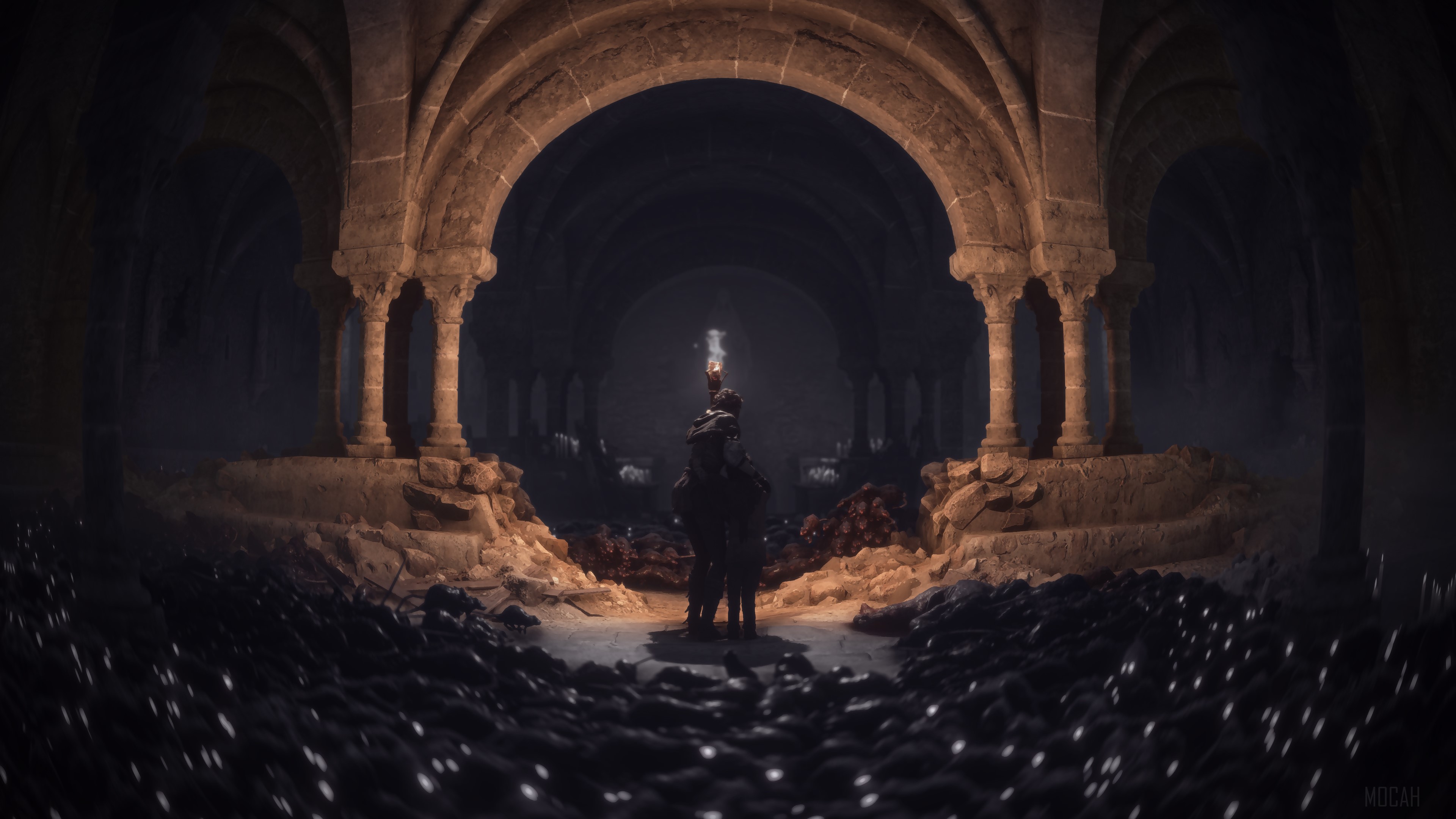 Two figures with a torch in a dark ruin 4K HD Wallpaper