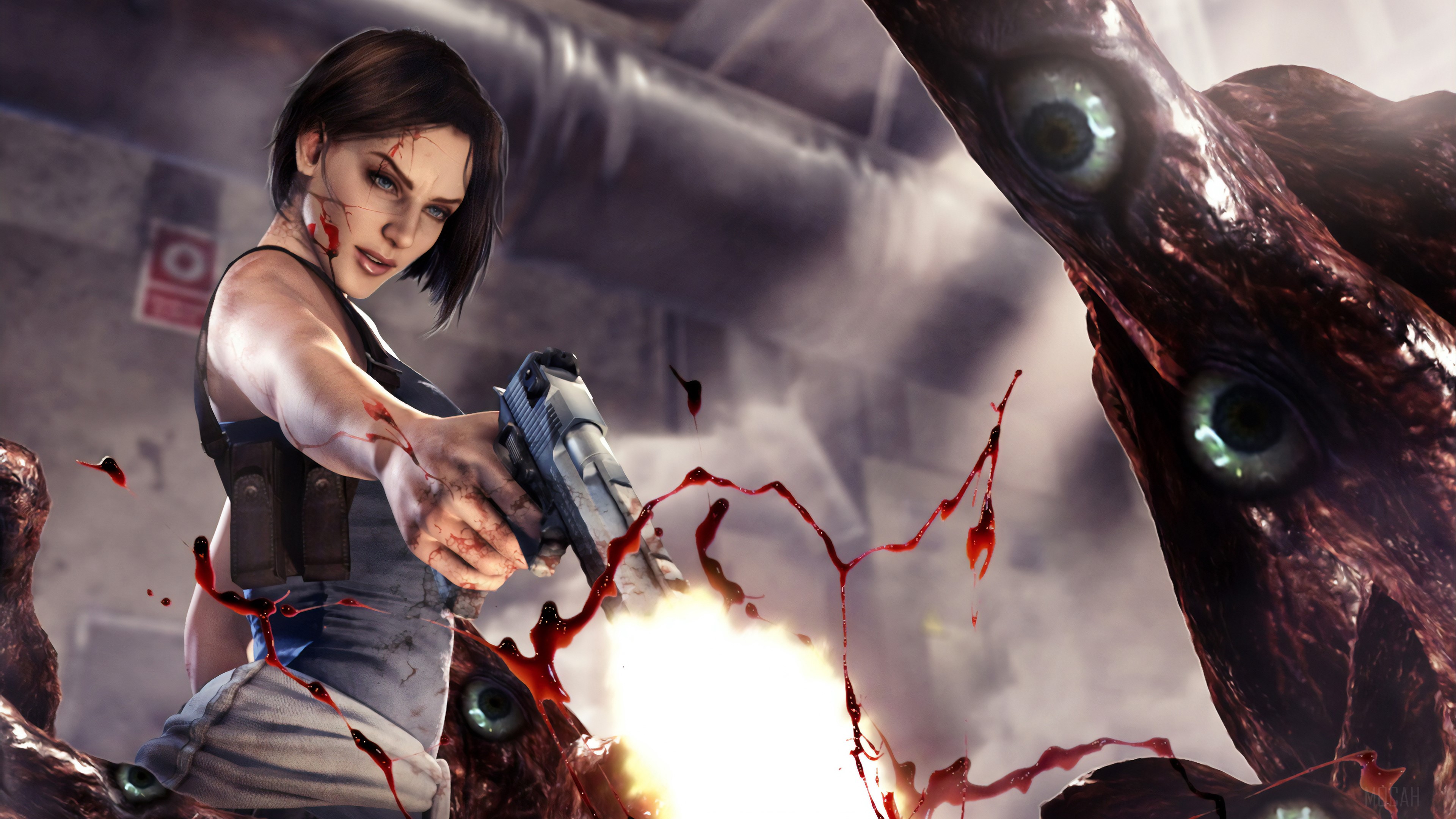 Jill Valentine fighting a monster in Resident Evil 4K HD Wallpaper