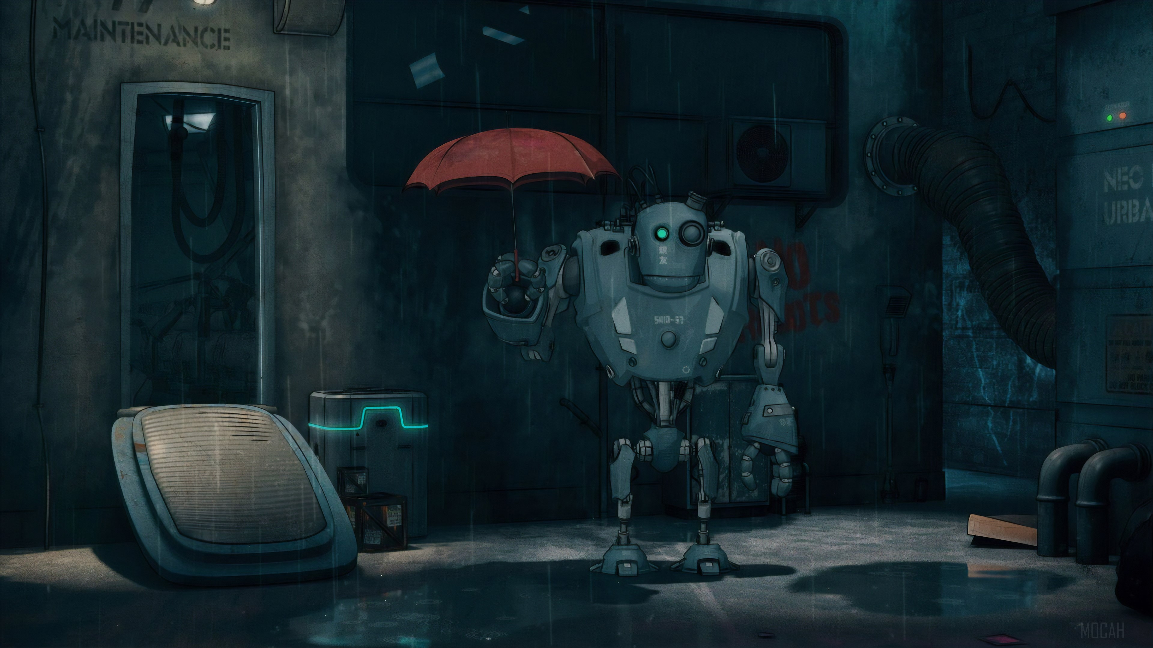 Robot with umbrella in Neo Urban Maintenance area 4K HD Wallpaper