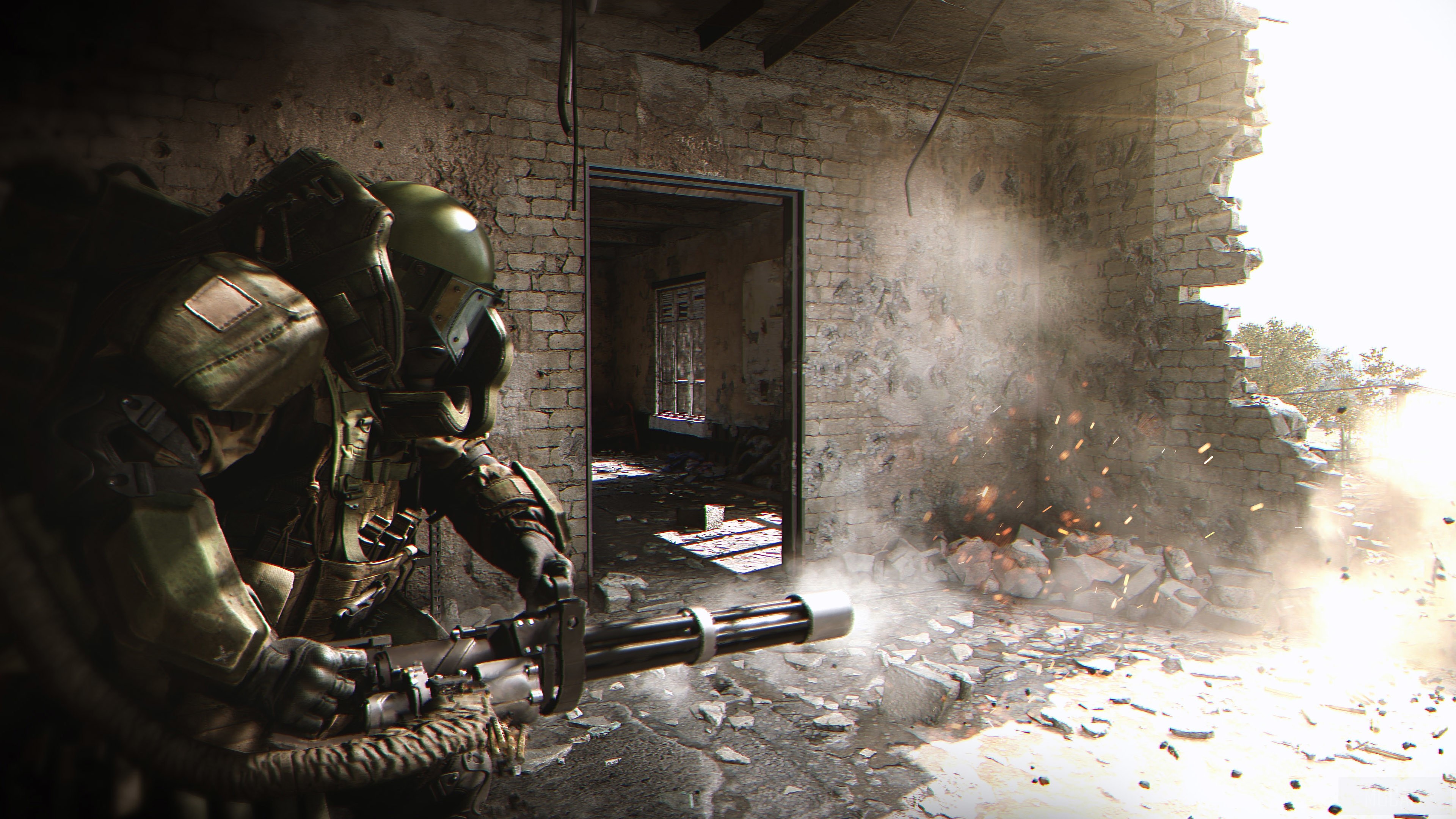 Soldier with minigun in destroyed building HD Wallpaper