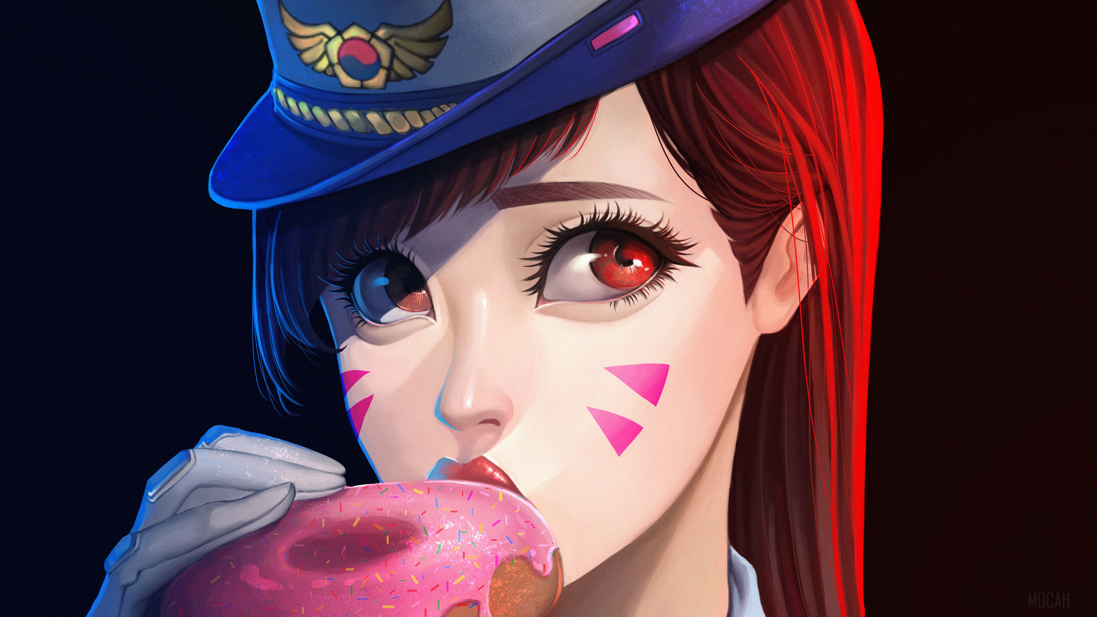 Officer D.Va from Overwatch eating a donut HD Wallpaper