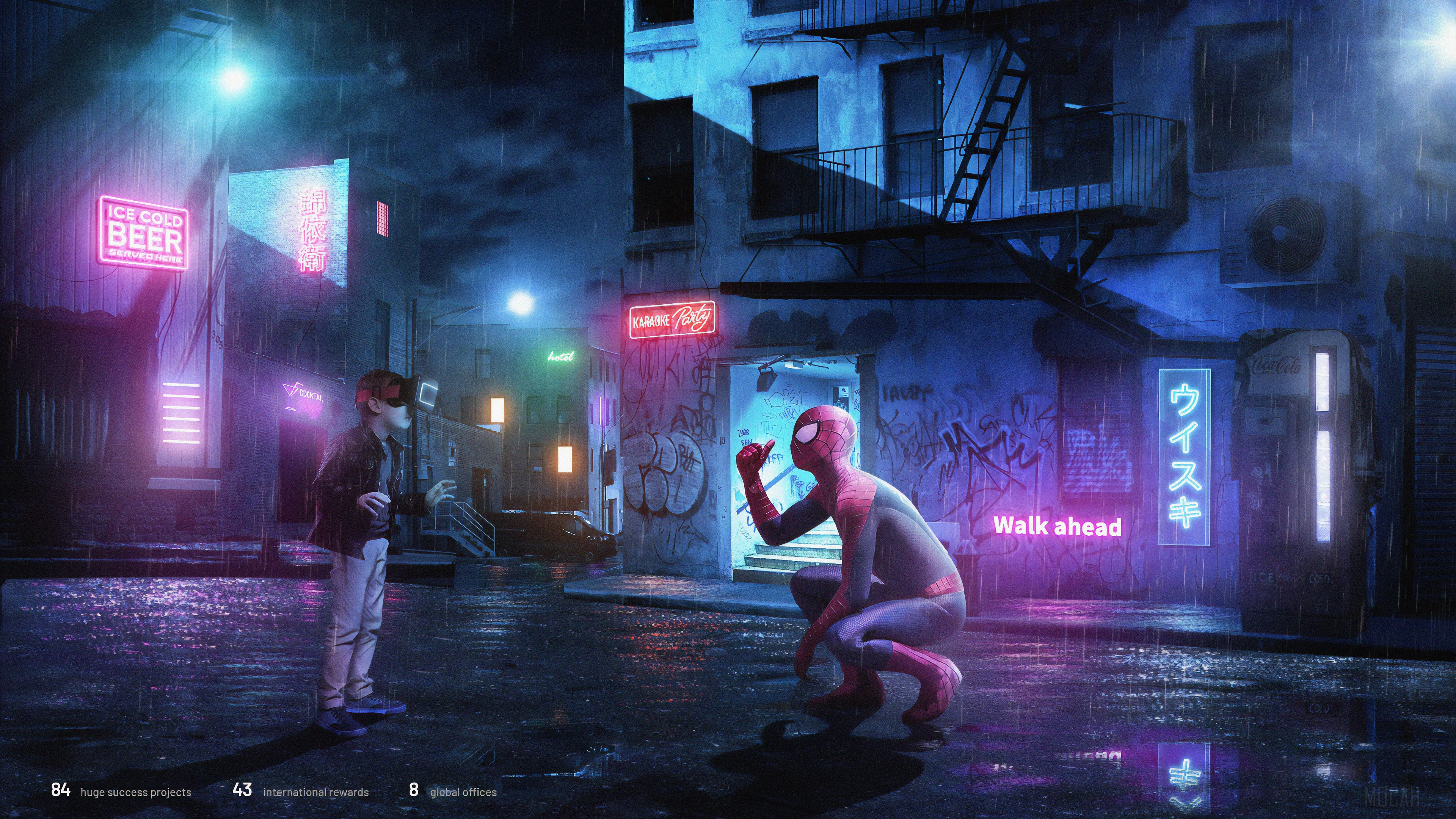Kid in VR sees Spiderman in a rainy neon alley HD Wallpaper
