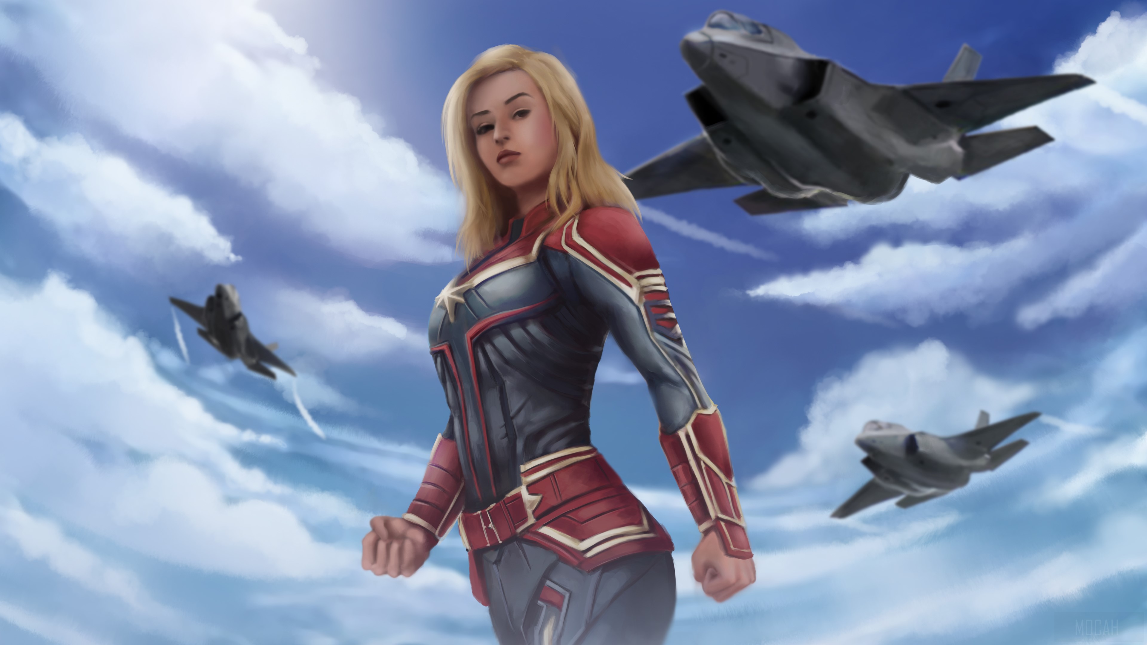 Captain Marvel and fighter jets in the sky HD Wallpaper