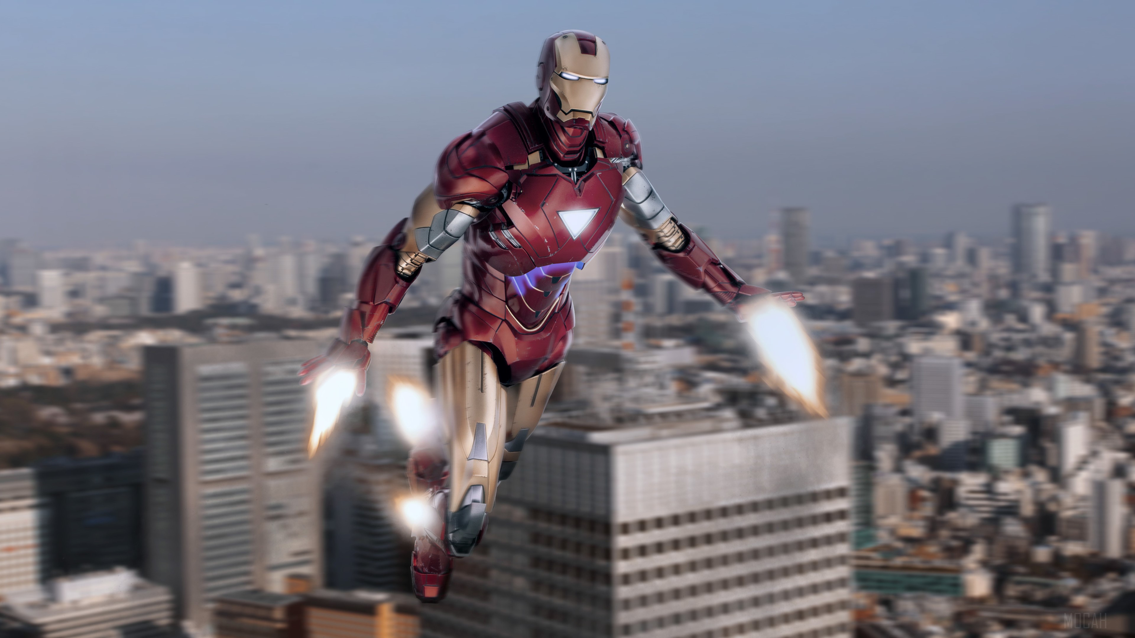 Iron Man flying over a city HD Wallpaper