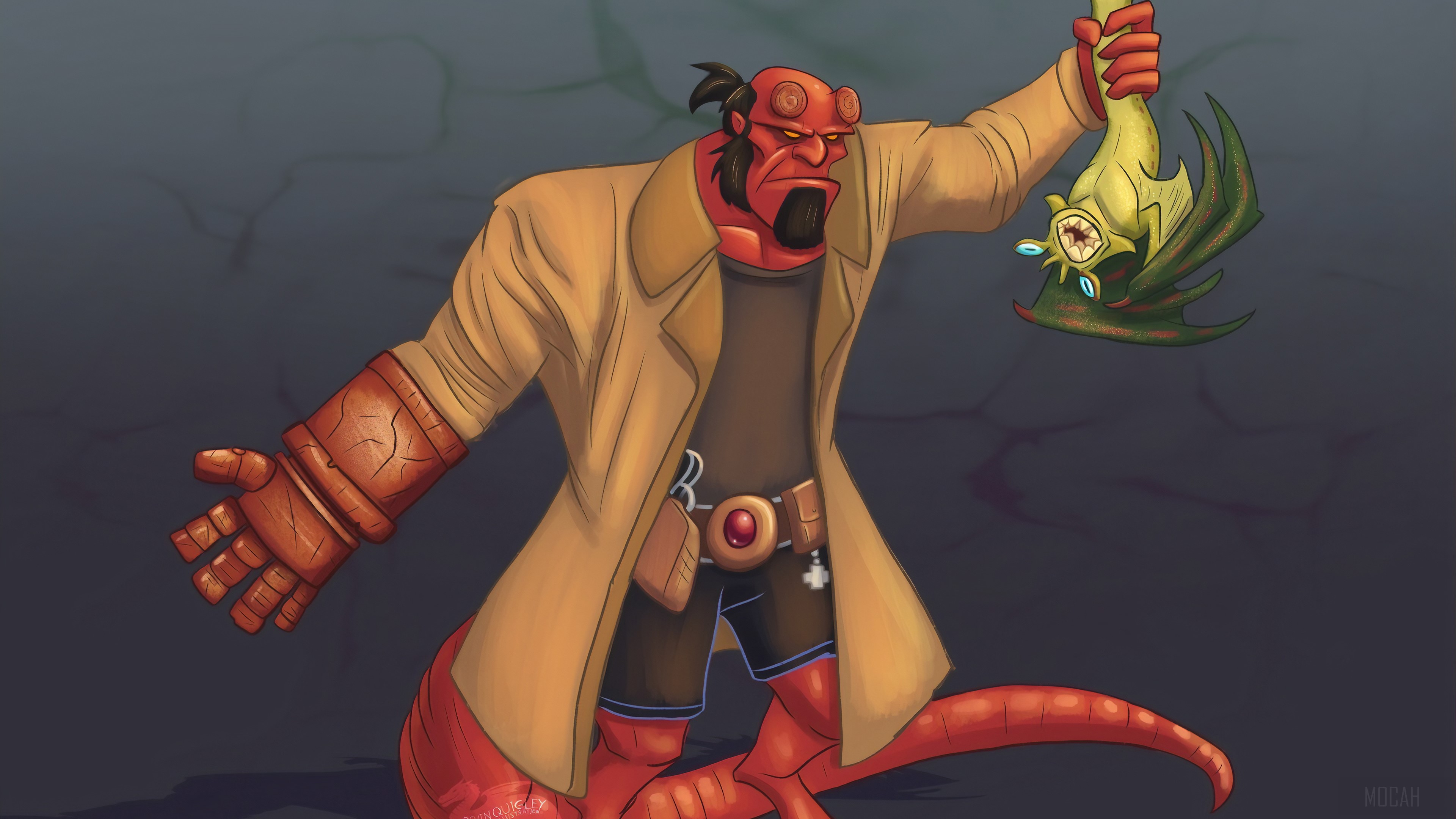 Hellboy holding a defeated creature HD Wallpaper