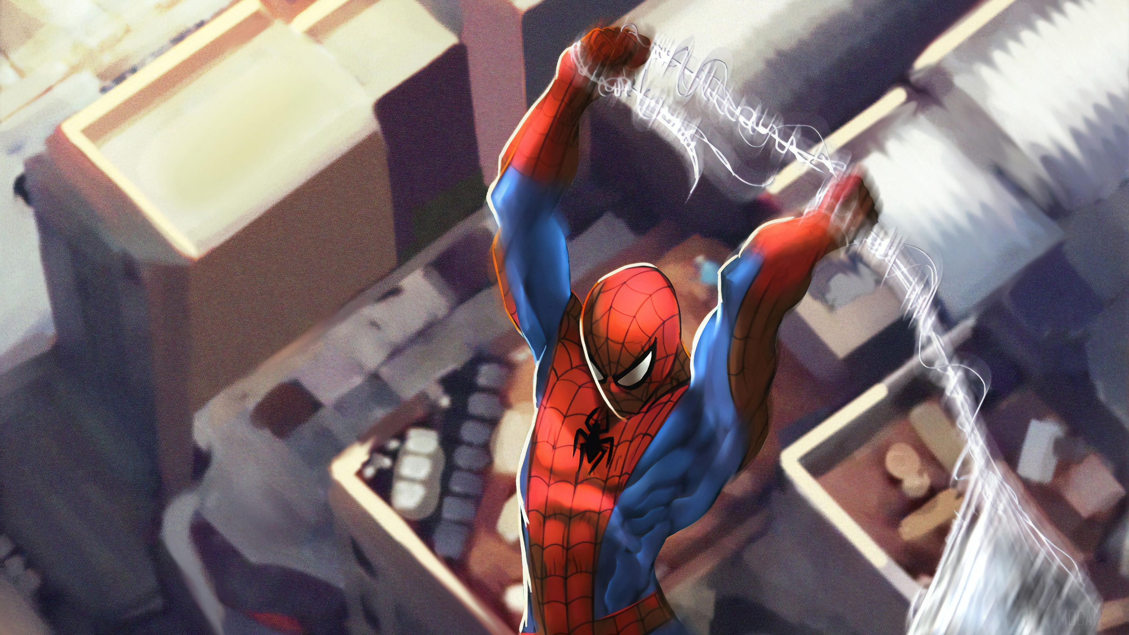 Spider-Man swinging through city 4K HD Wallpaper