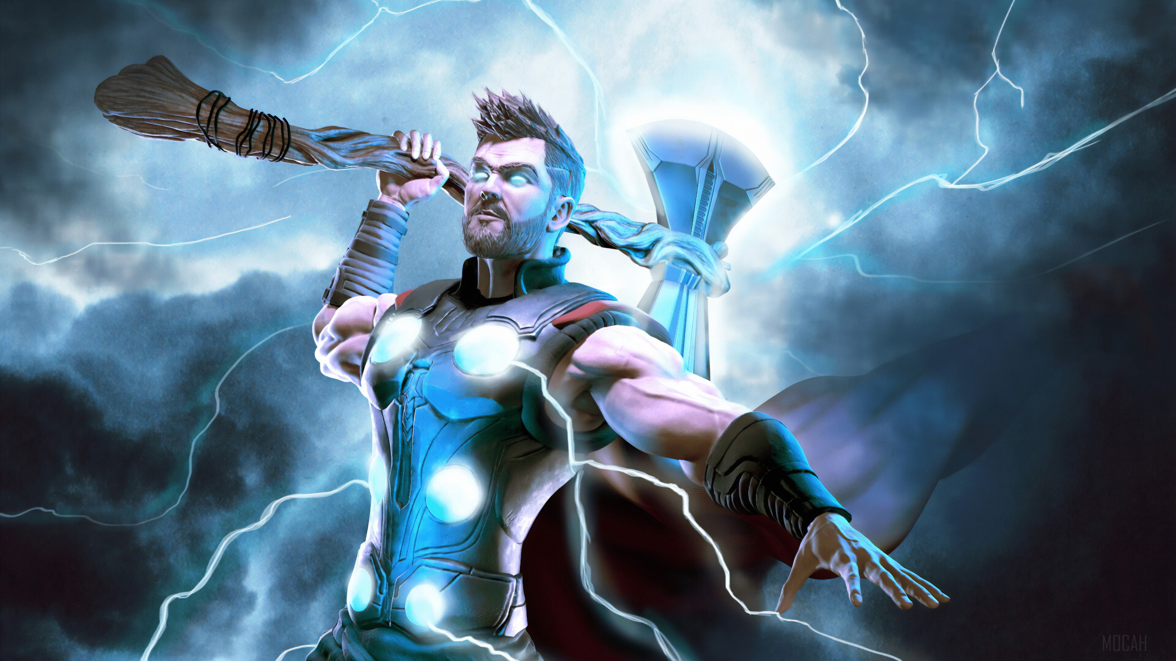 Thor with Mjolnir and Lightning 4K HD Wallpaper