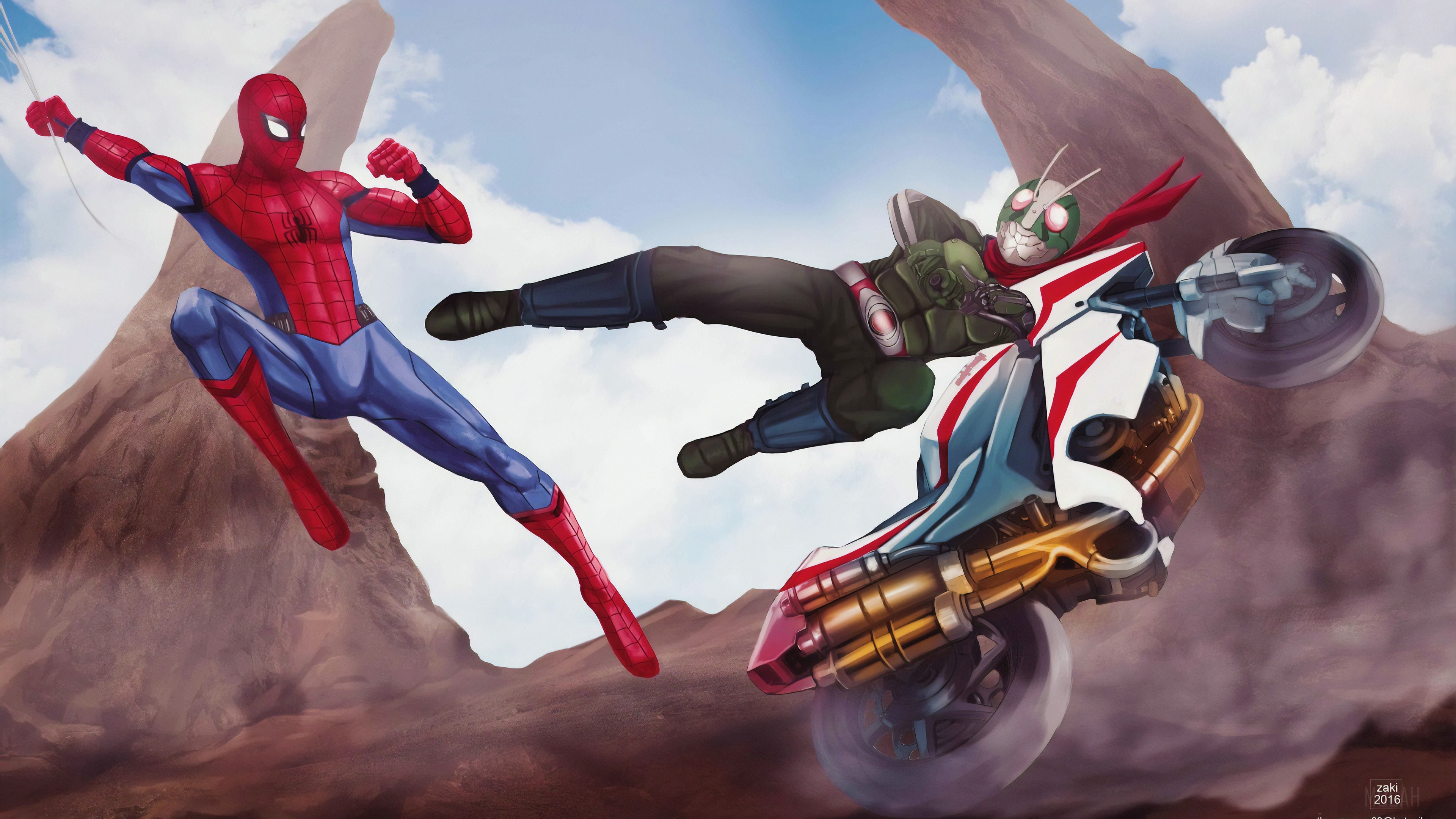 Spider-Man vs Kamen Rider on a Motorcycle 4K HD Wallpaper