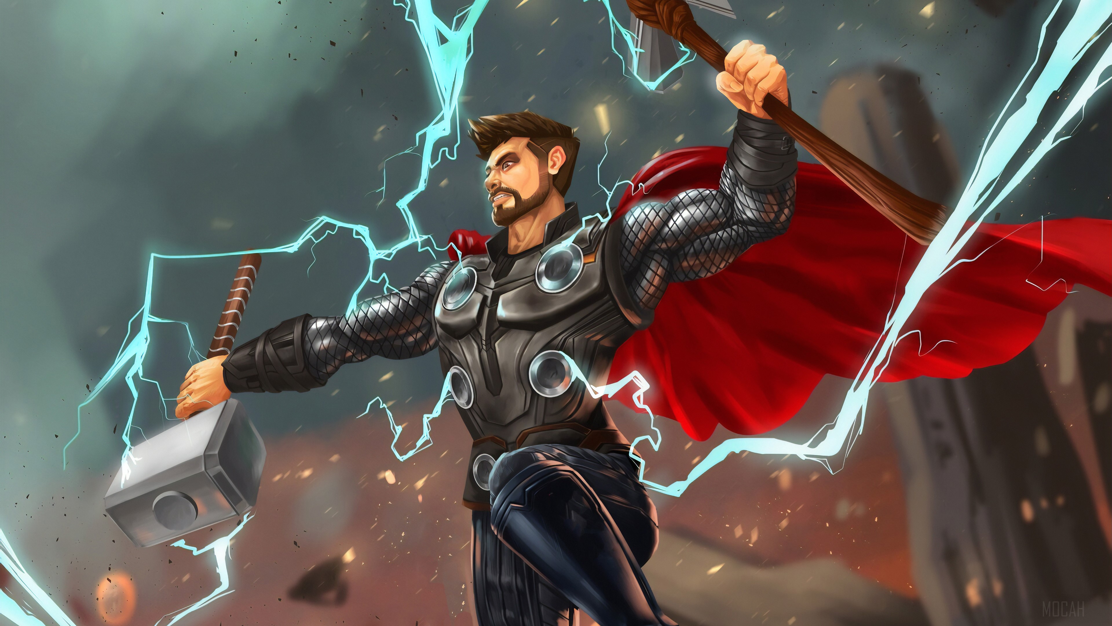 Thor from Marvel with Mjolnir and Lightning 4K HD Wallpaper