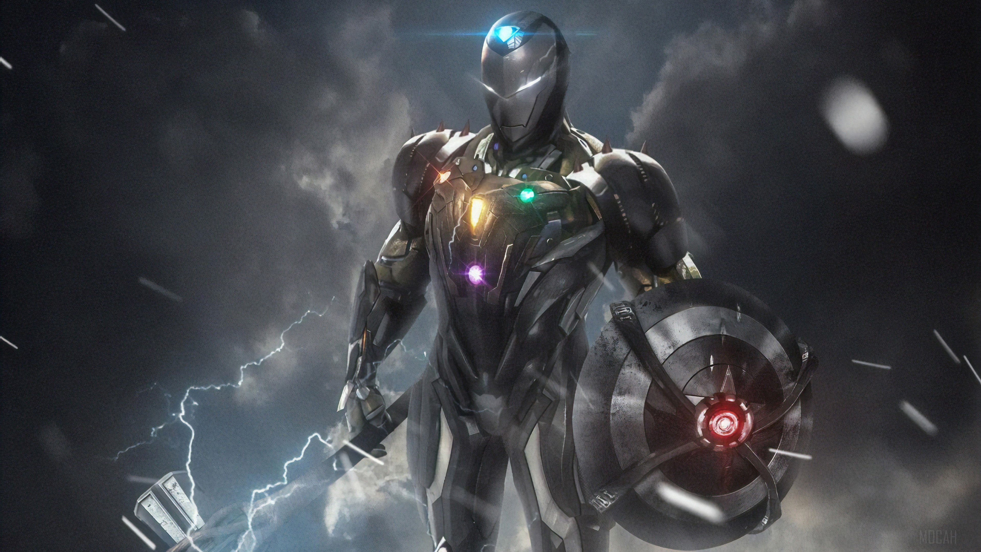 Iron Man with Infinity Stones and Captain America's Shield 4K HD Wallpaper