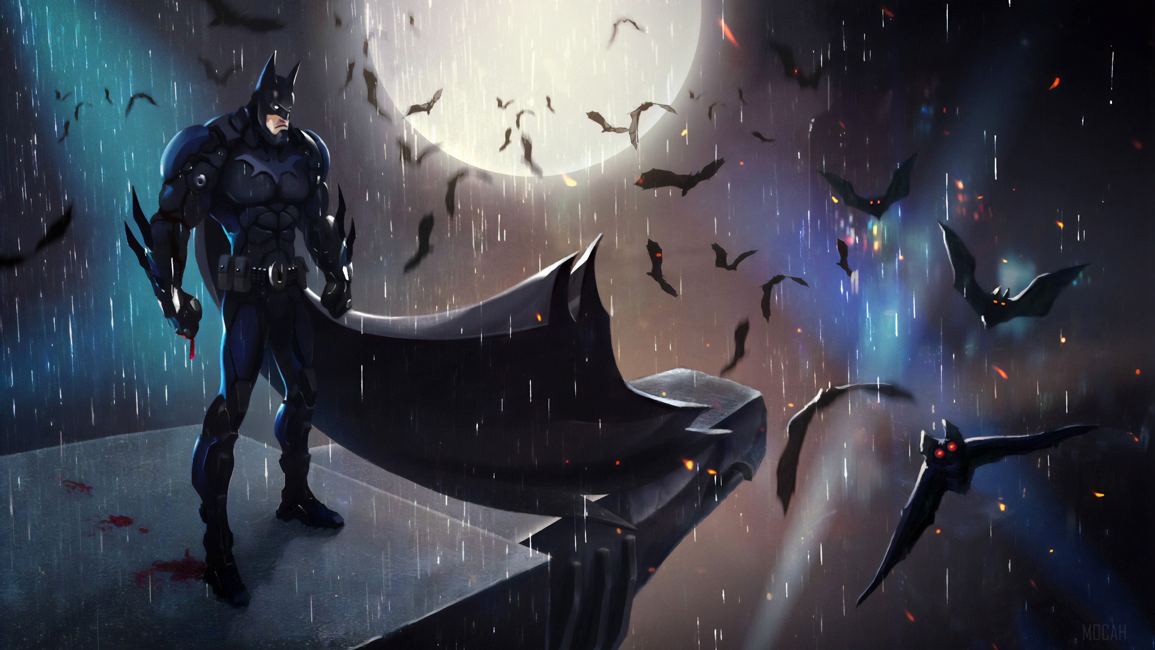 Batman in the rain with bats 4K HD Wallpaper