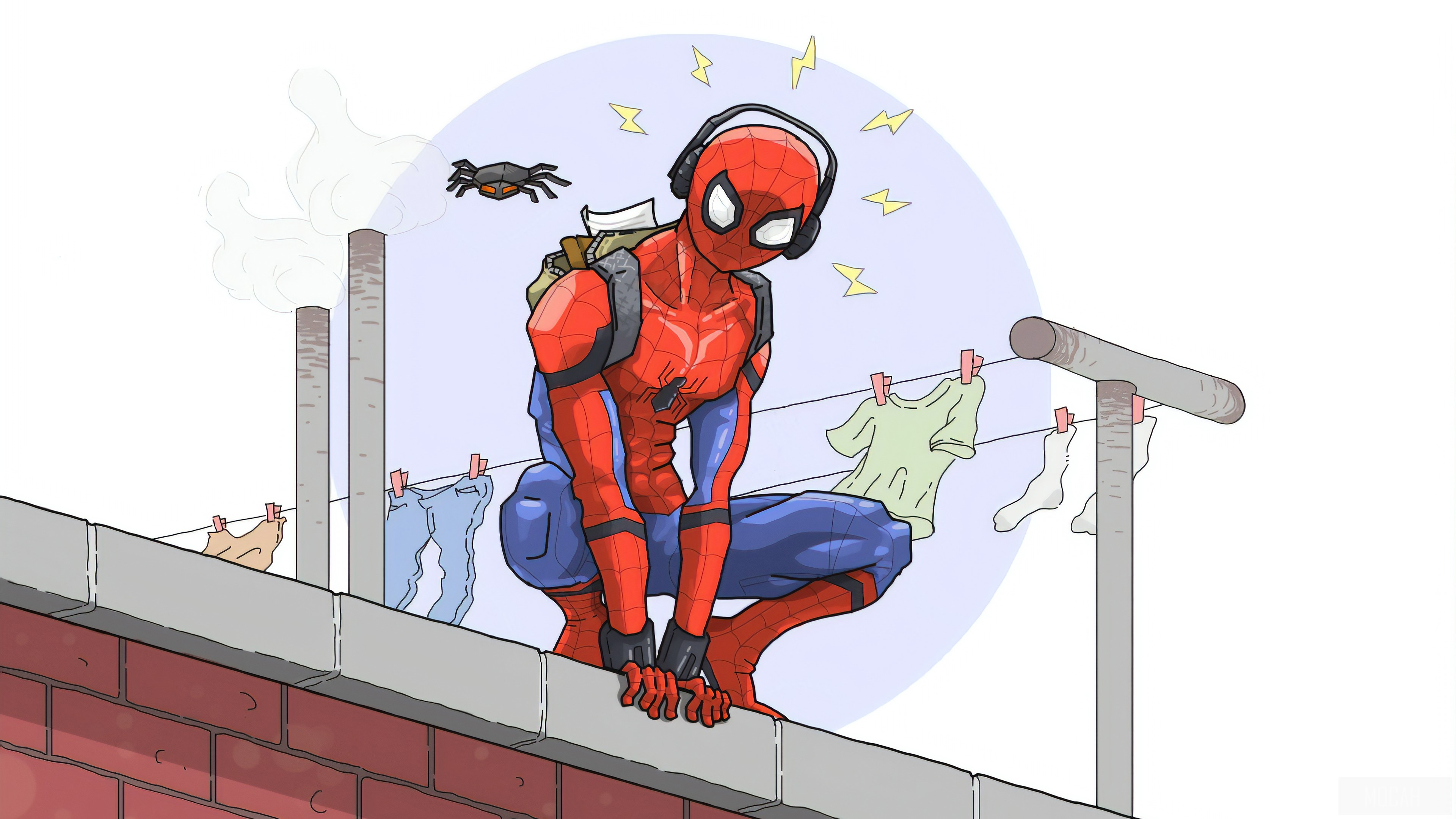 Spider-Man with headphones on a rooftop HD Wallpaper