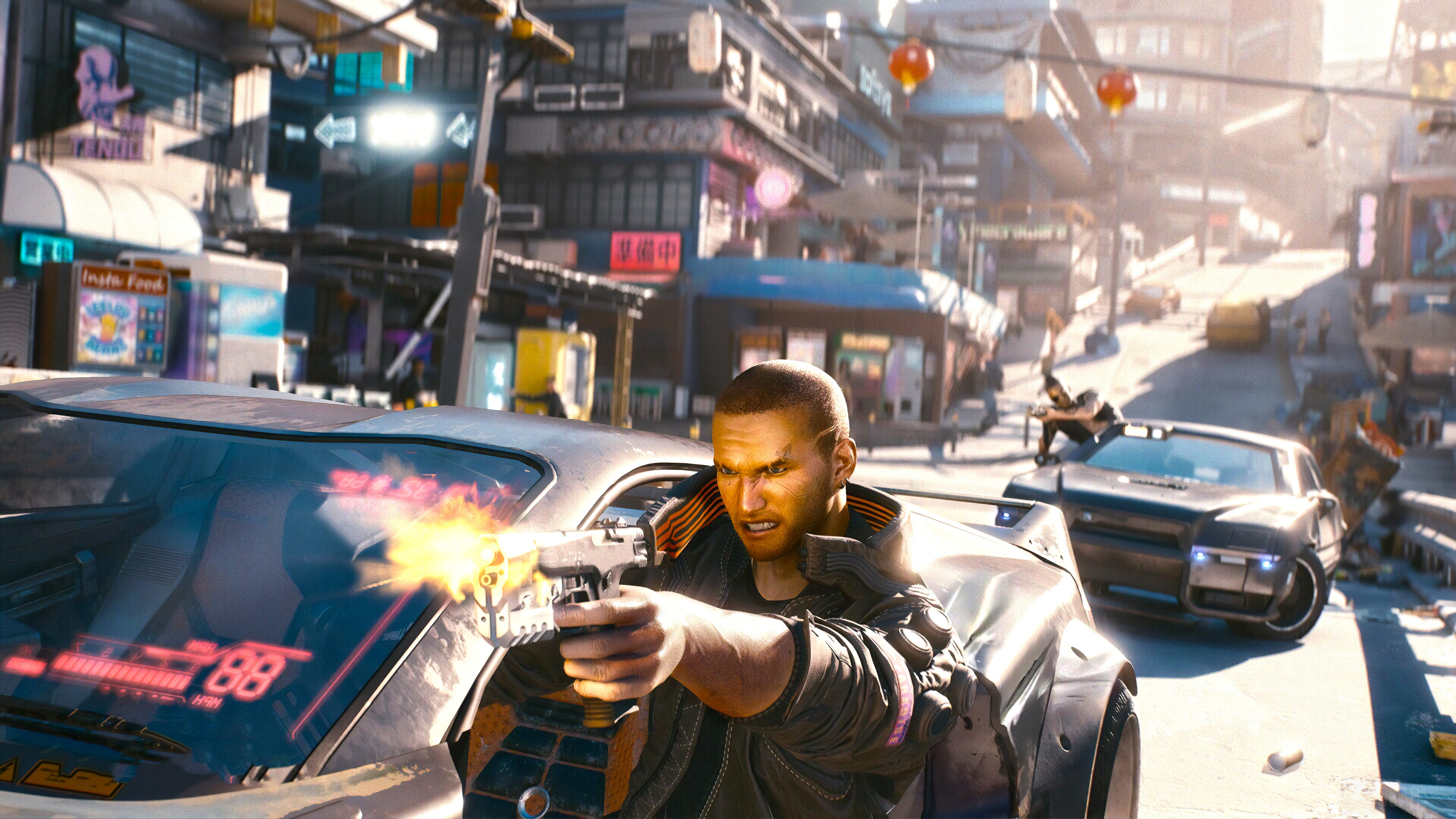 Man firing gun from car in Cyberpunk 2077 4K HD Wallpaper