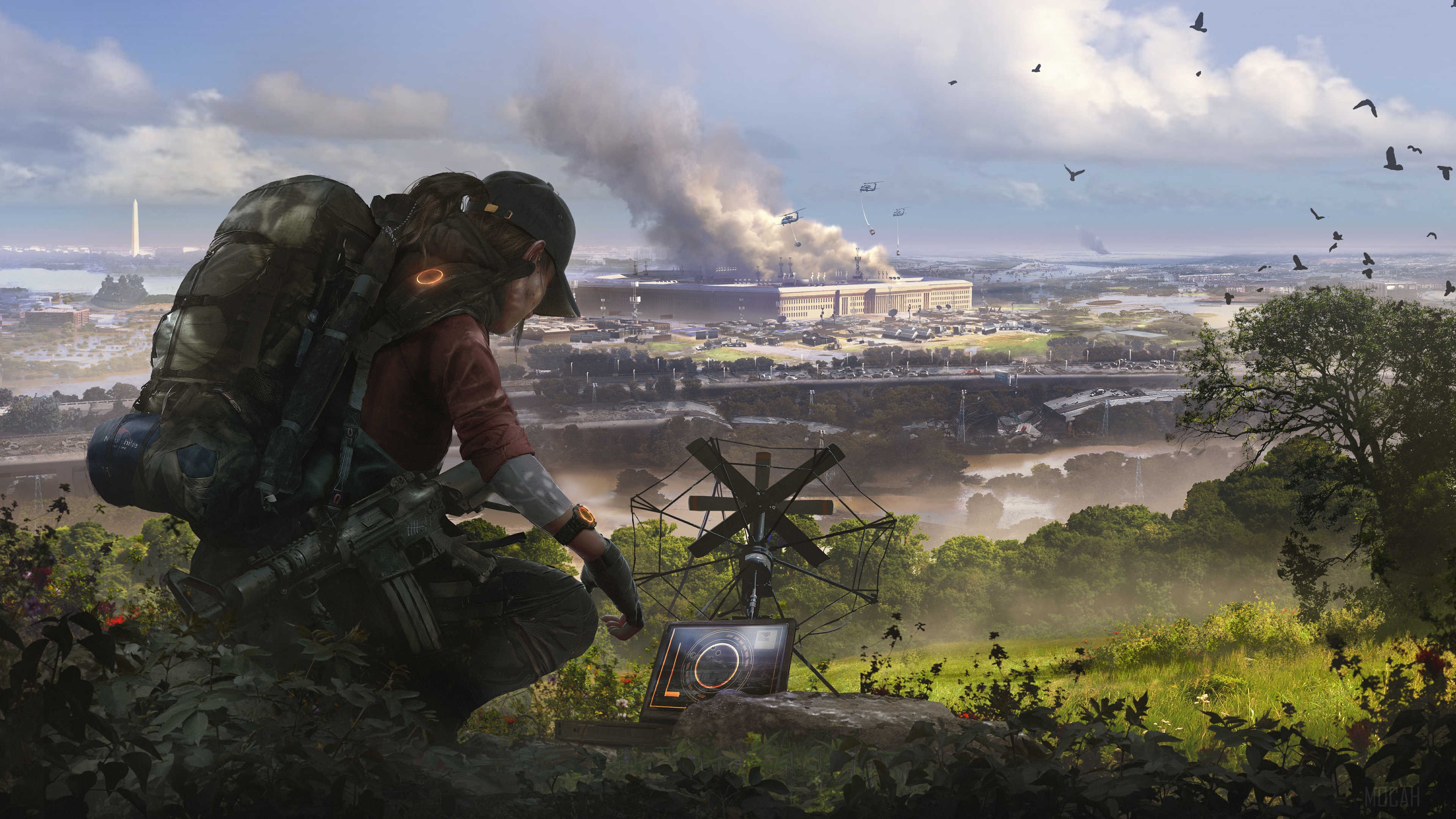 Agent from Tom Clancy's The Division 2 overlooking a city HD Wallpaper