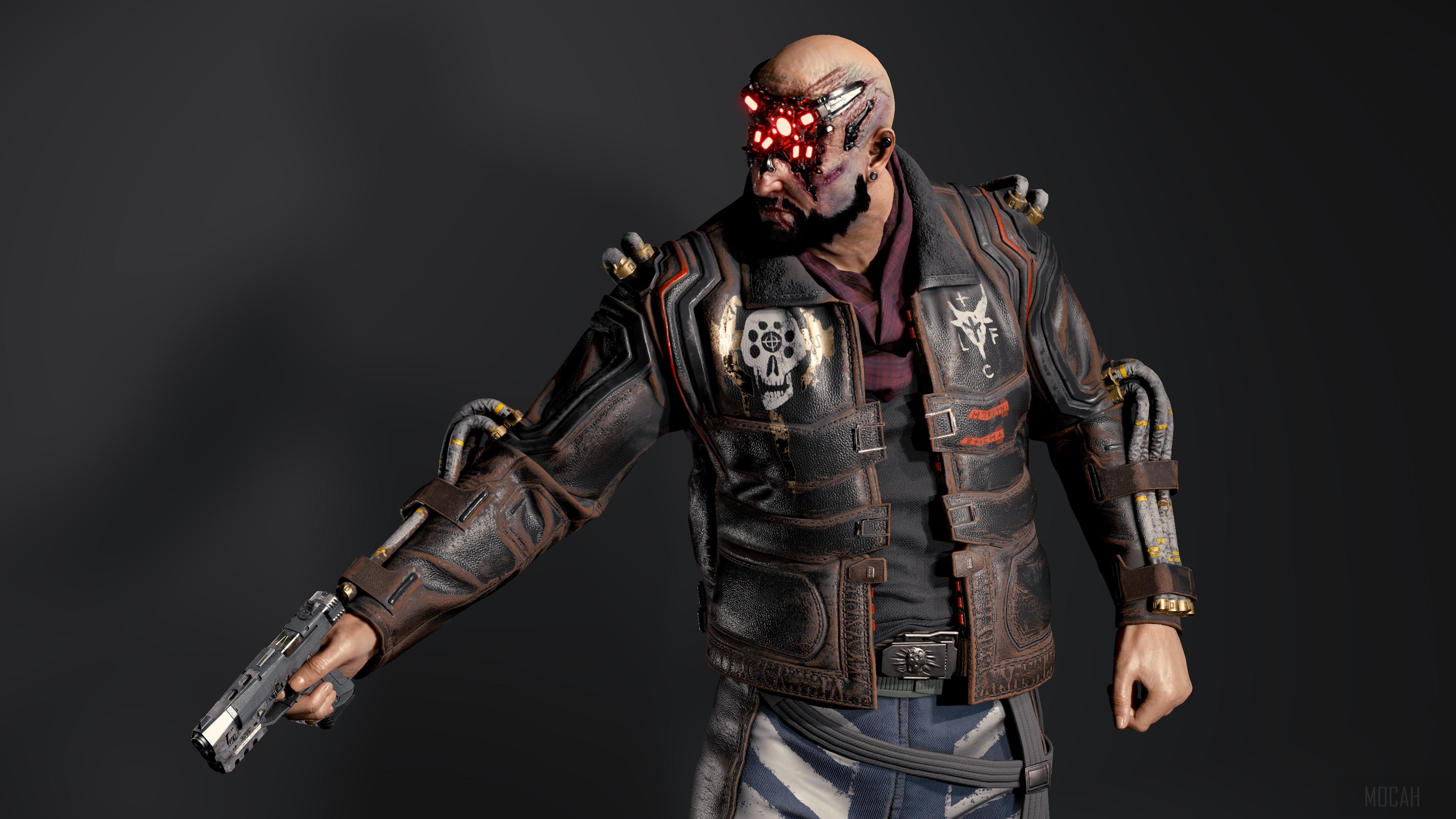 Cyberpunk 2077 character with cybernetic eye and gun HD Wallpaper