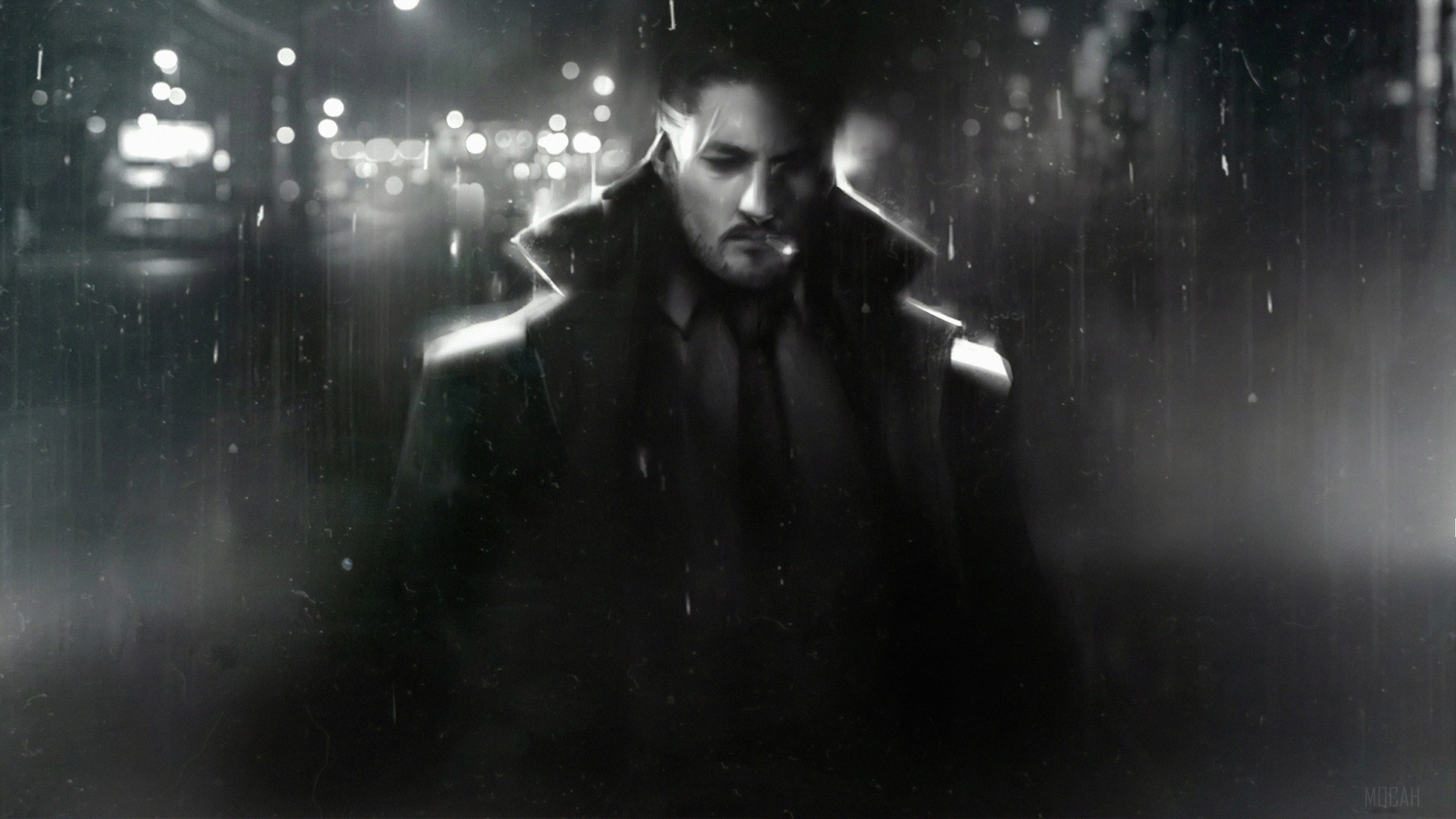 Man in Trench Coat Smoking in Rainy City HD Wallpaper