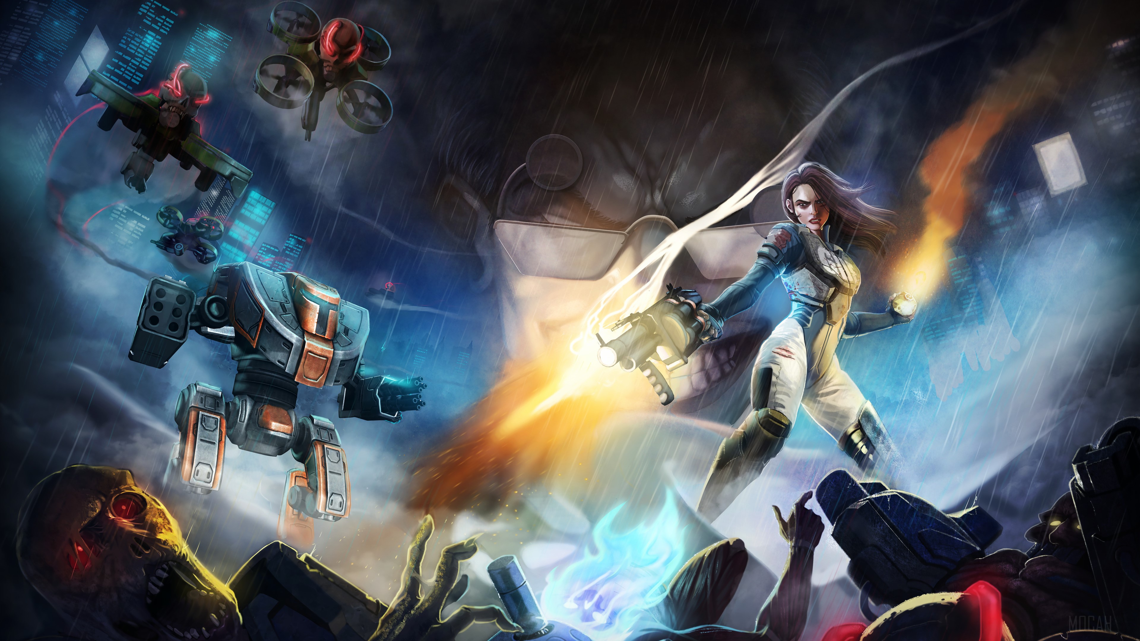 Lana from Ion Fury fighting robots and drones HD Wallpaper