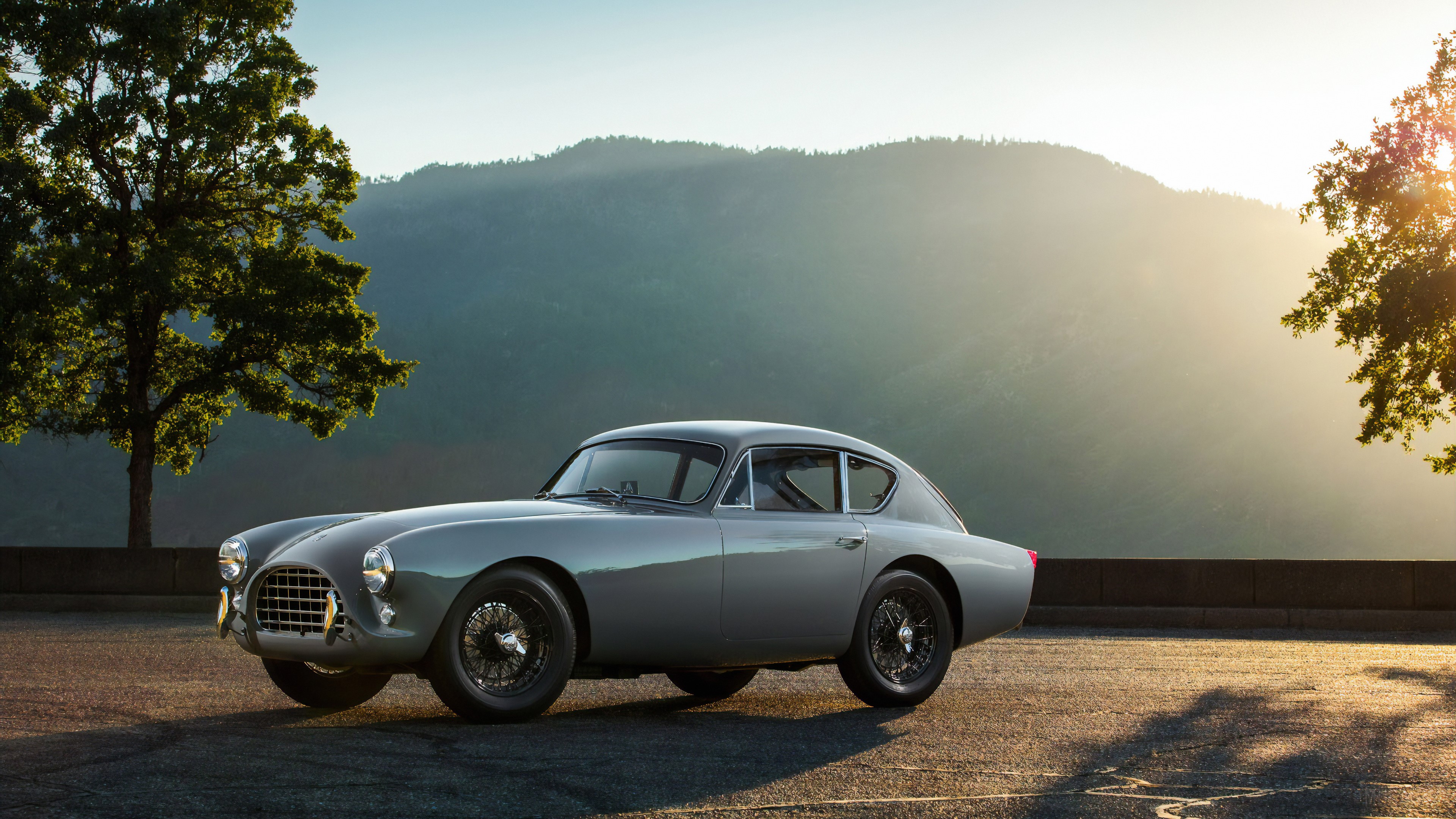 Gray Vintage Car on Road with Mountains HD Wallpaper