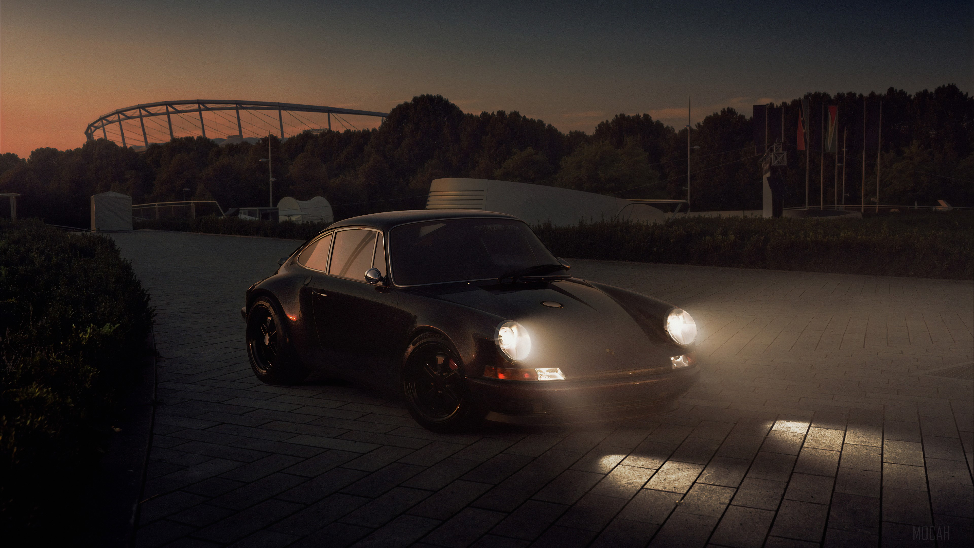 Black Porsche 911 in the evening with stadium in background HD Wallpaper
