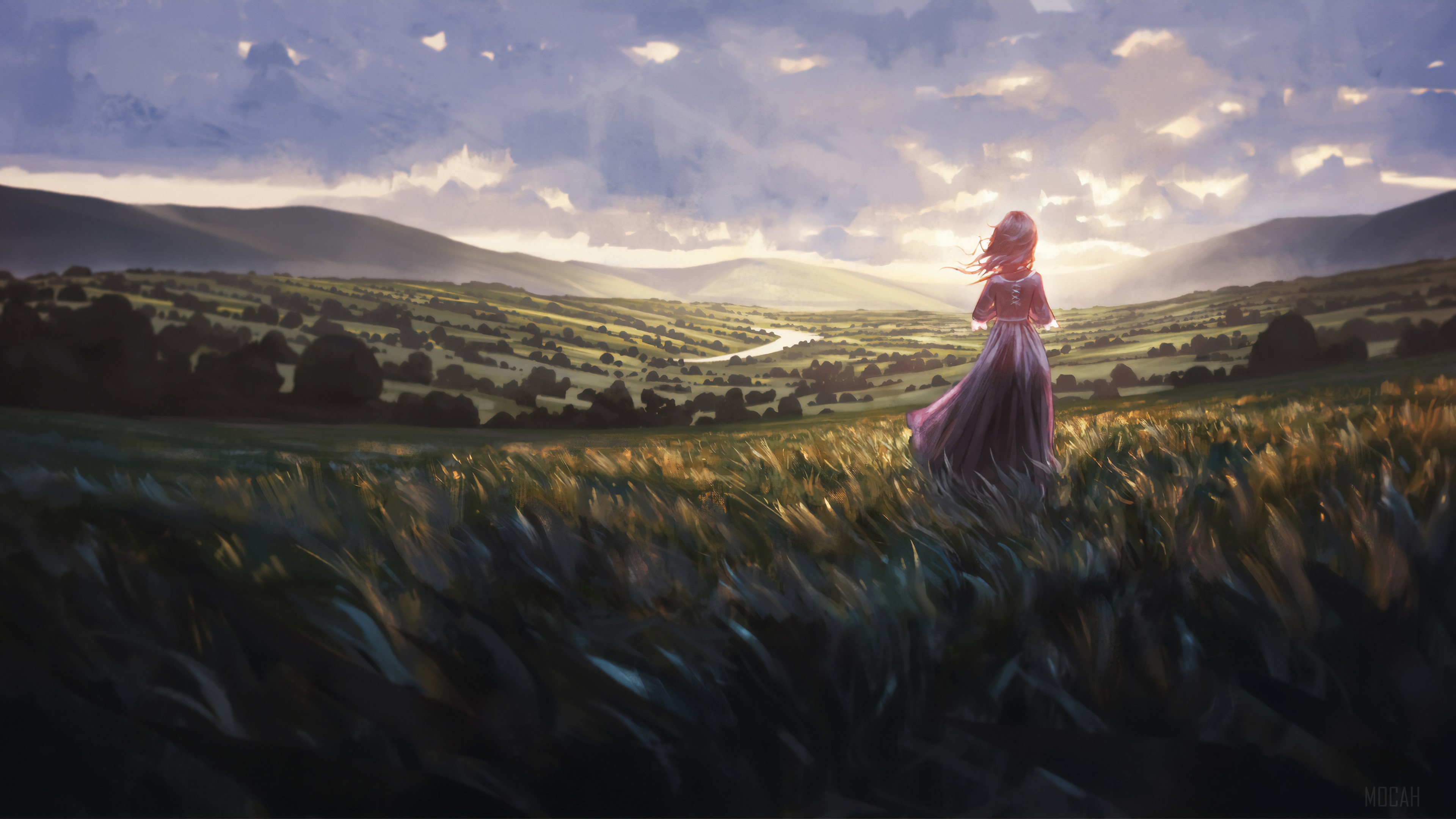 Girl in a field at sunset HD Wallpaper