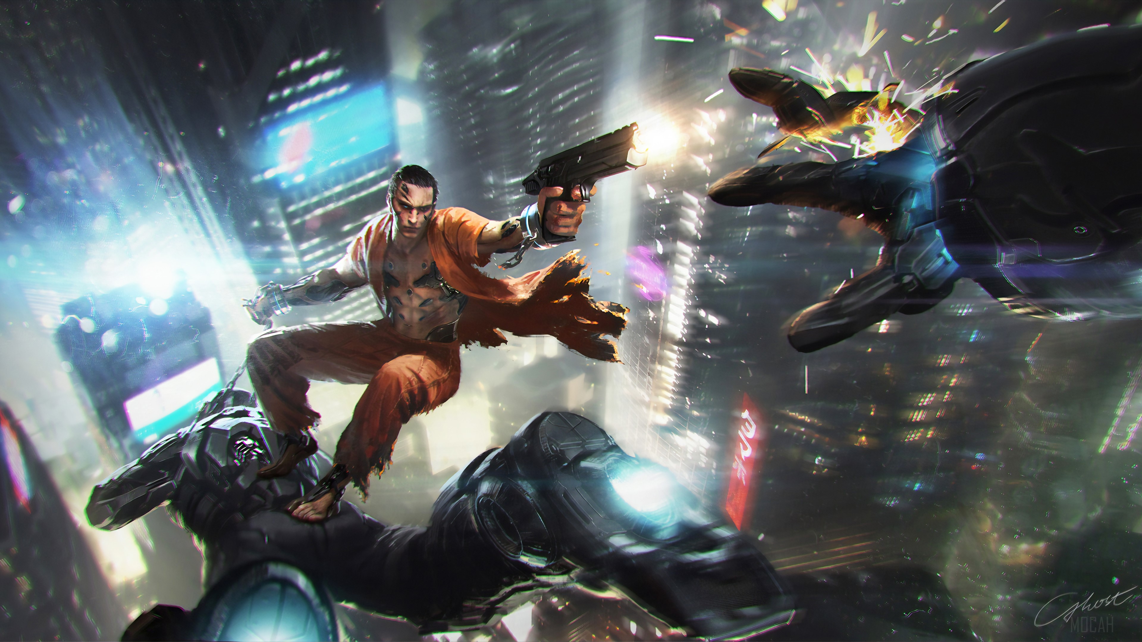 Man in orange jumpsuit fighting robots in a city HD Wallpaper