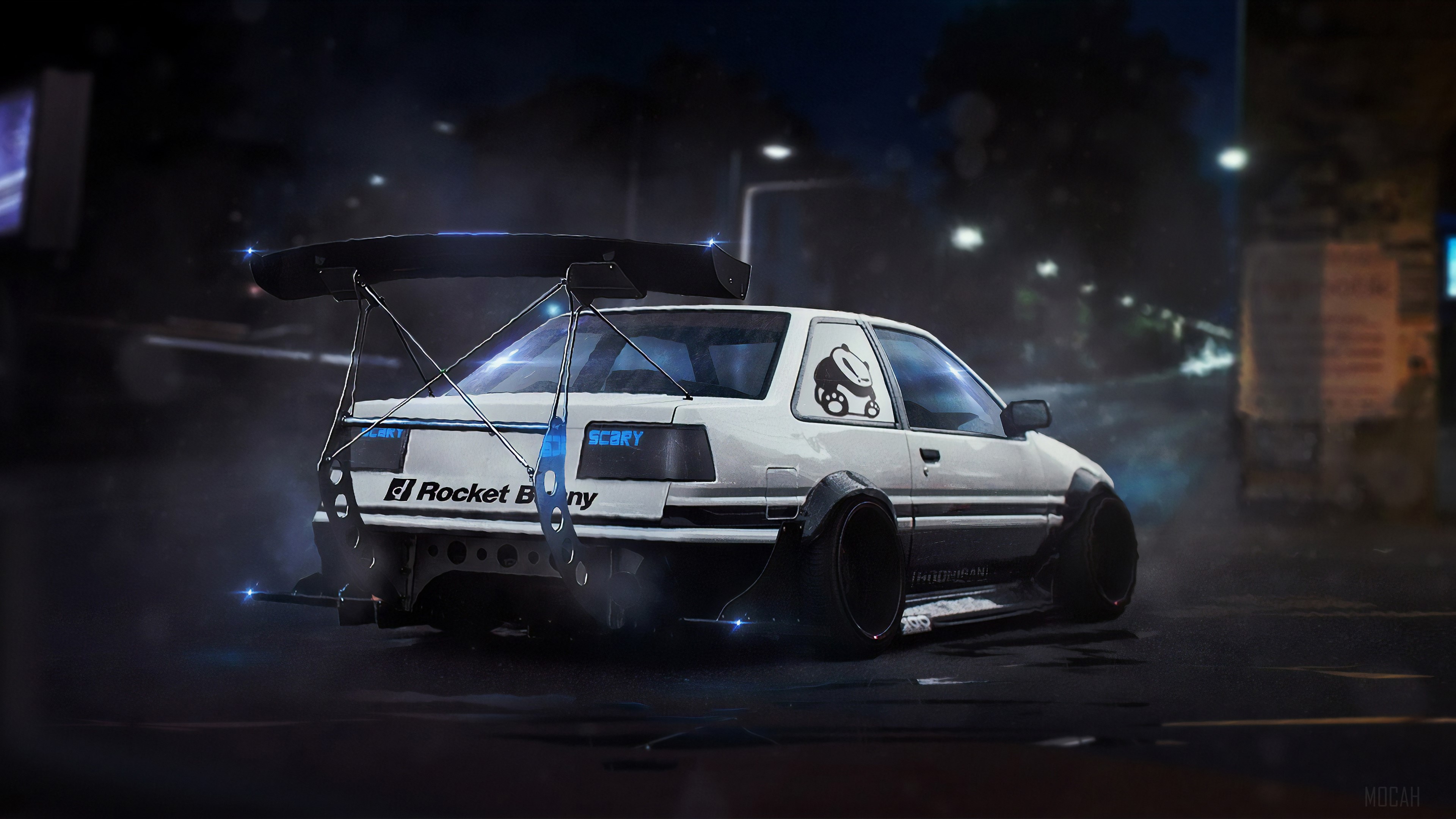 White Toyota AE86 Rocket Bunny with large spoiler 4K HD Wallpaper